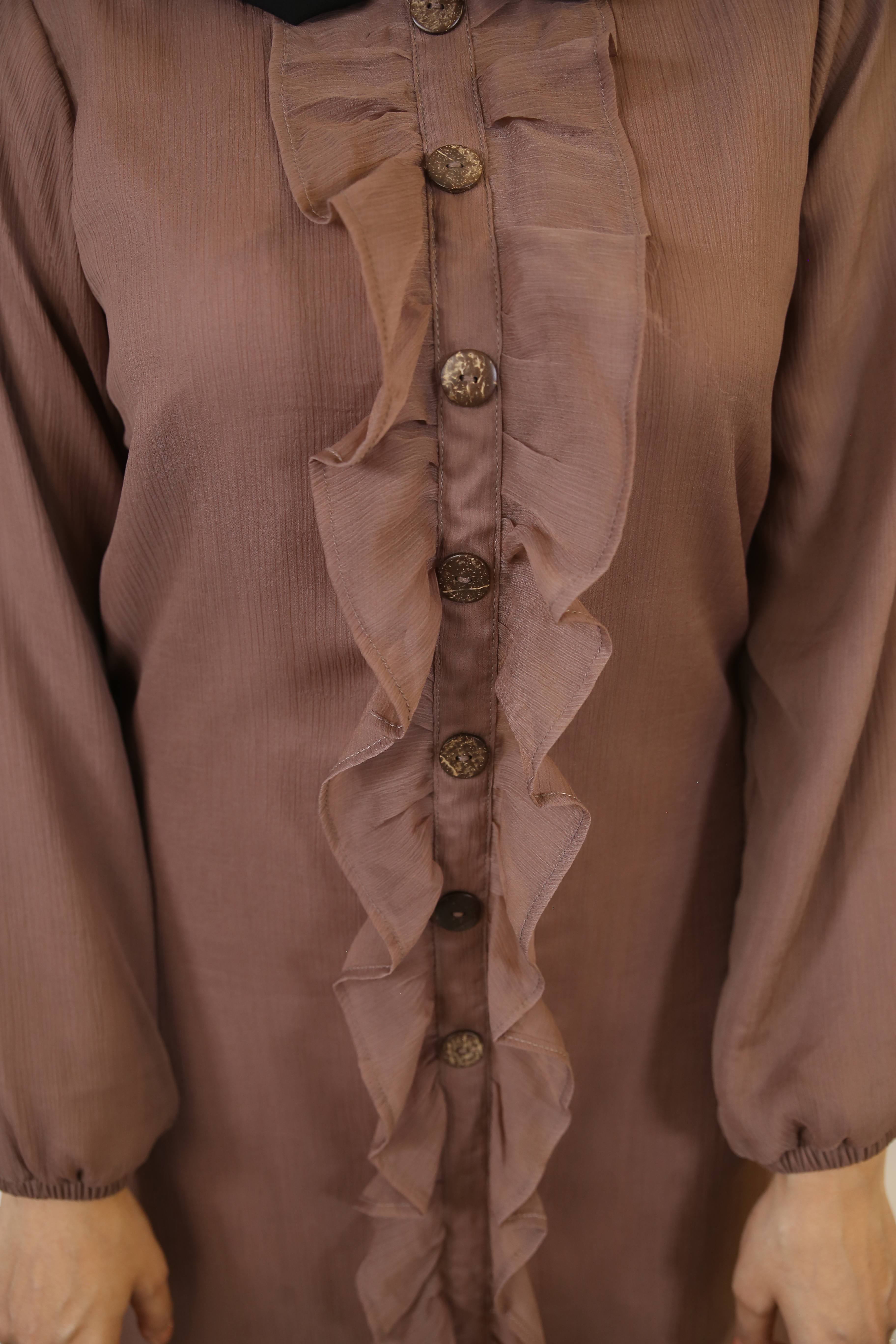 Abadi- Classic chiffon fully lined maxi dress with button down ruffles- Pale Brown