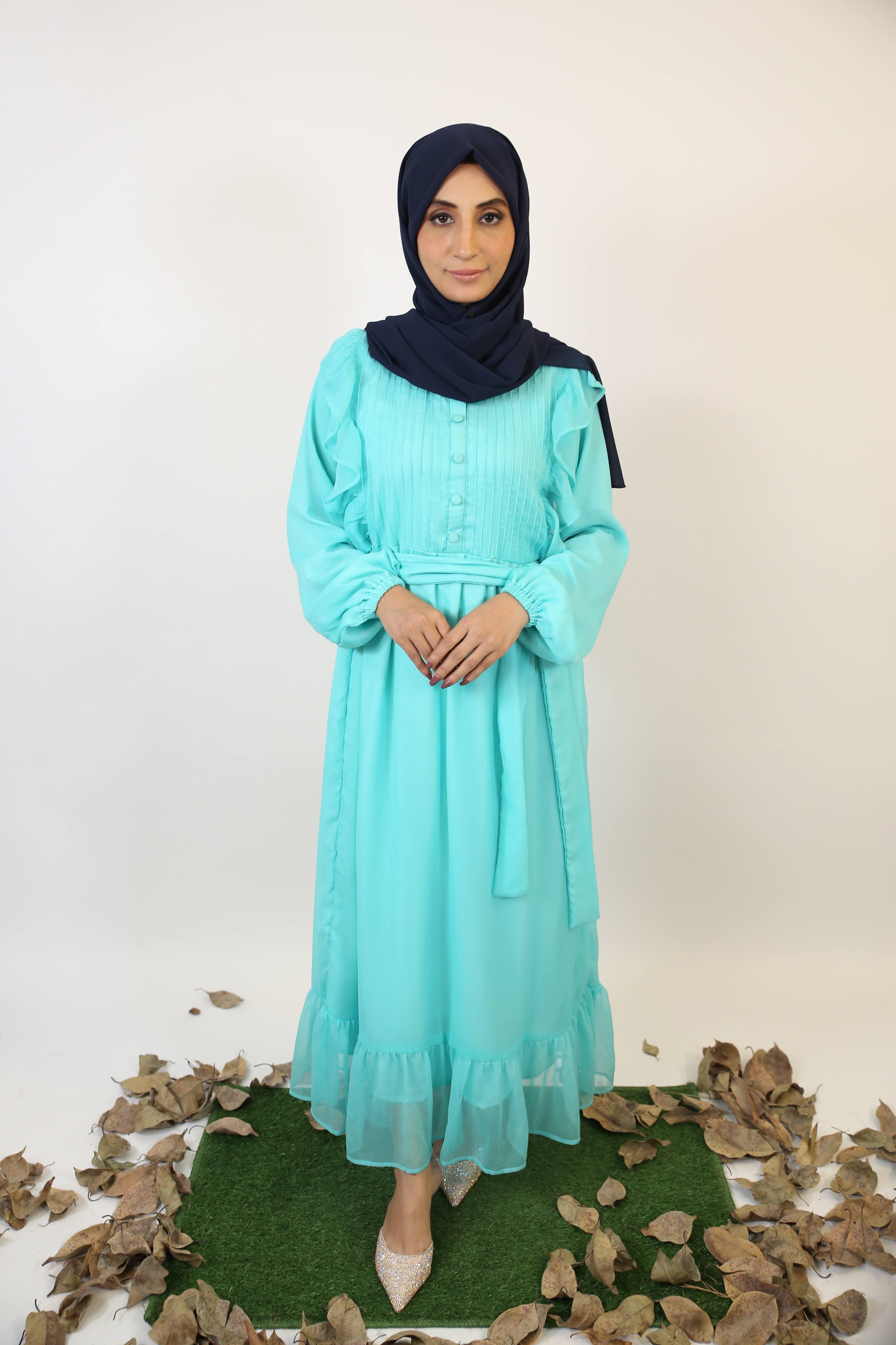 Mommy & Me ✨ Baariz- Striking Chiffon lined maxi dress with piping and ruffle detailing front with belt- Aquamarine Blue