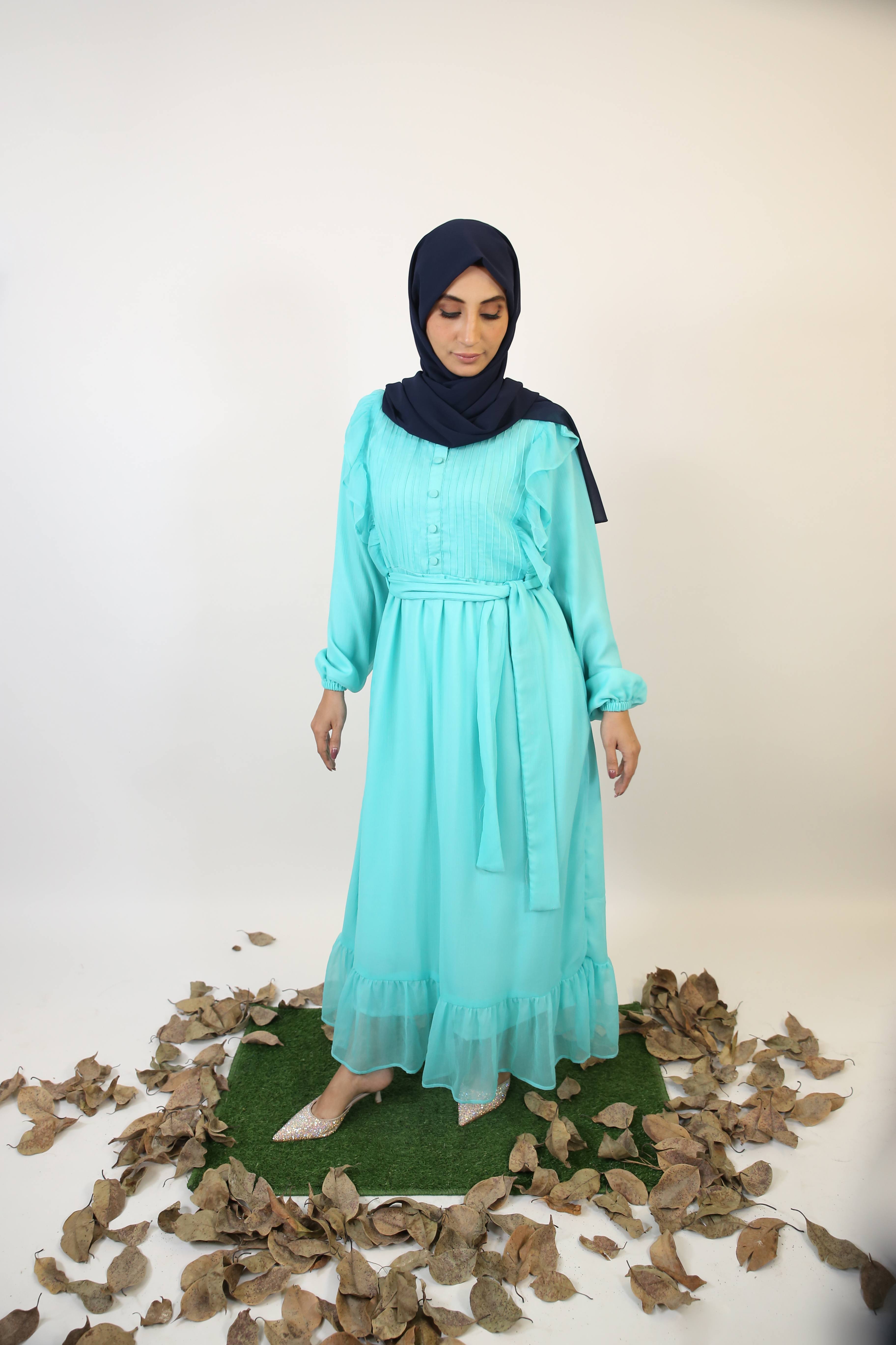 Mommy & Me ✨ Baariz- Striking Chiffon lined maxi dress with piping and ruffle detailing front with belt- Aquamarine Blue