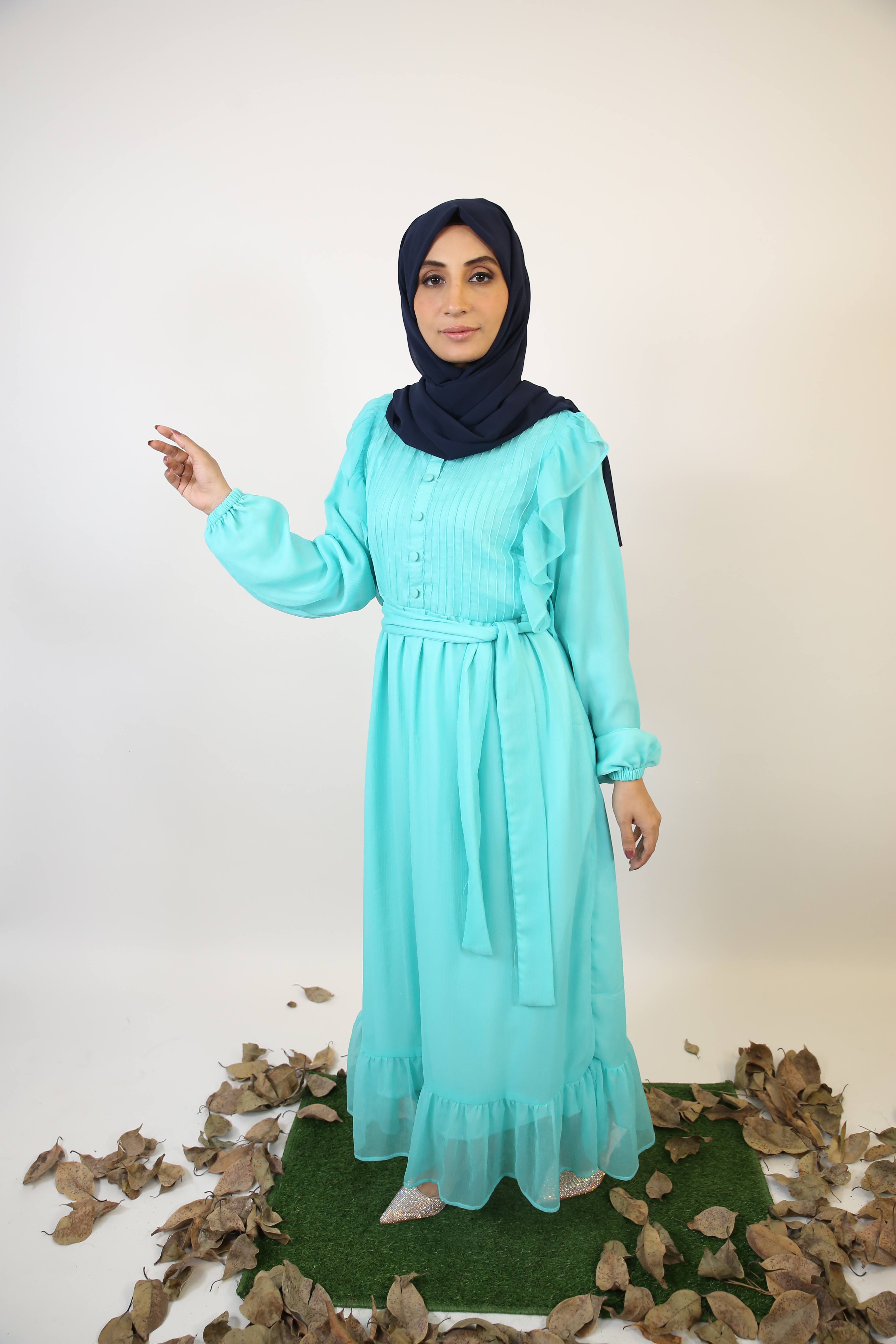 Mommy & Me ✨ Baariz- Striking Chiffon lined maxi dress with piping and ruffle detailing front with belt- Aquamarine Blue