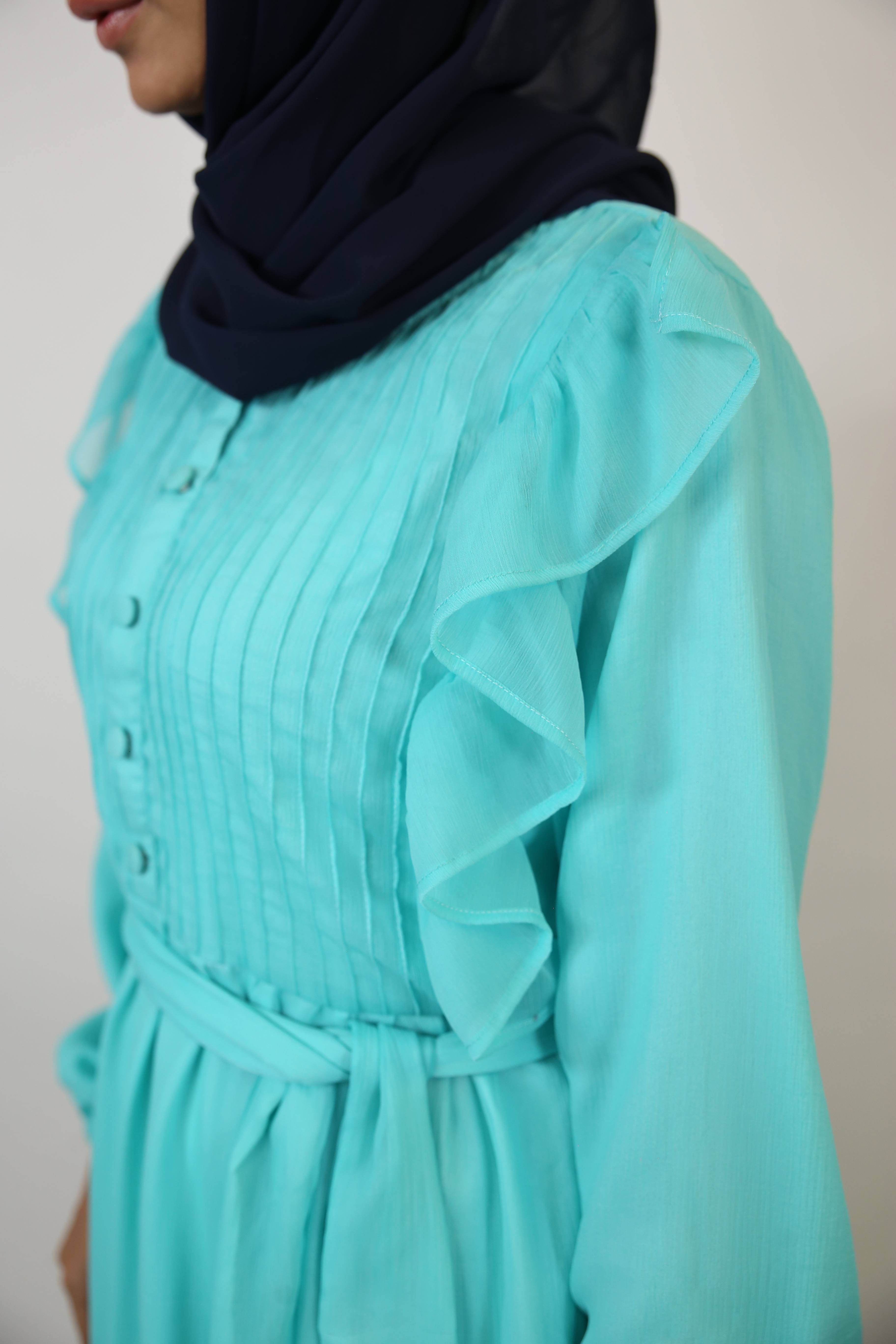 Mommy & Me ✨ Baariz- Striking Chiffon lined maxi dress with piping and ruffle detailing front with belt- Aquamarine Blue