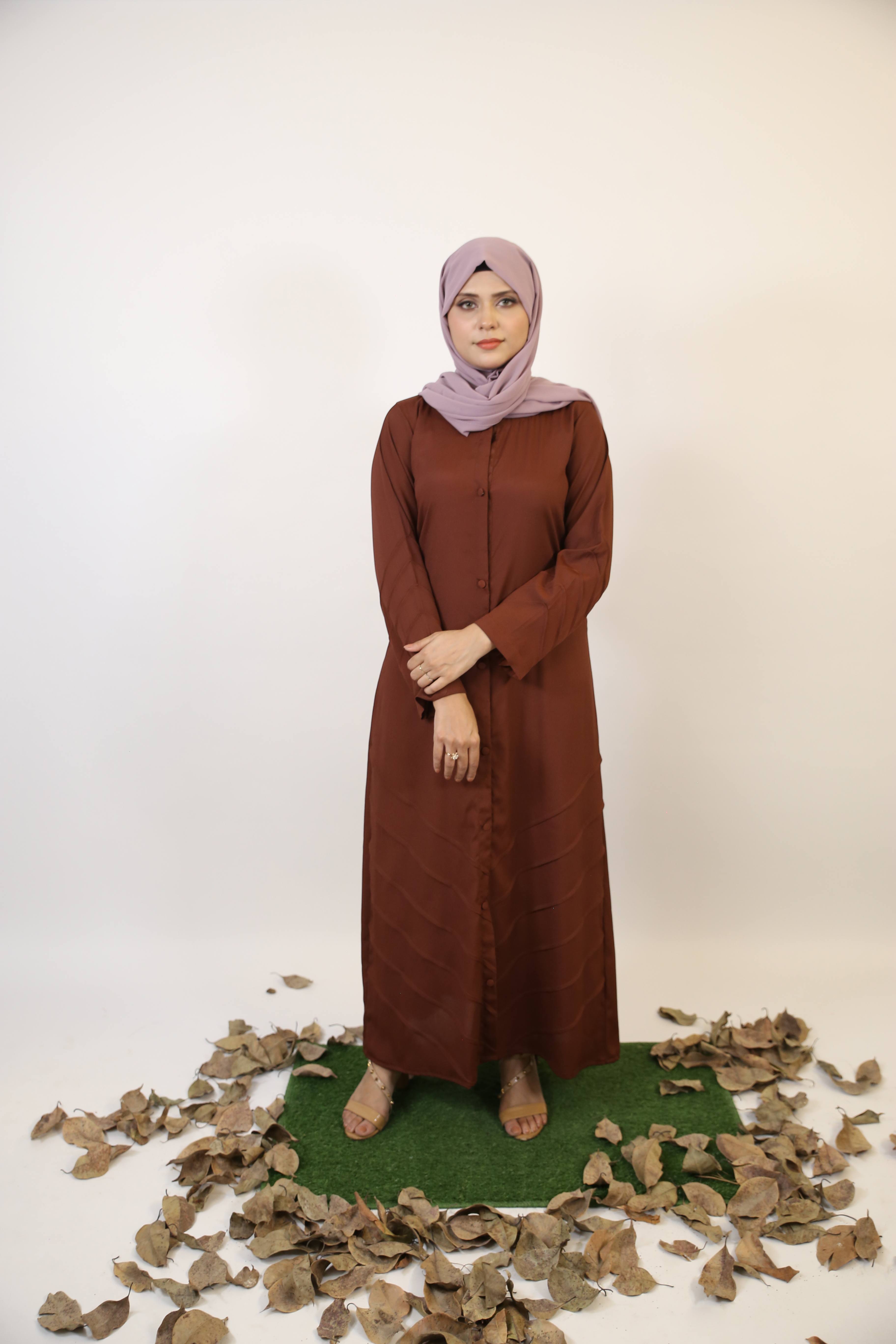 Saher- Enchanting wrinkle free abaya dress with piping details- Cocoa Brown