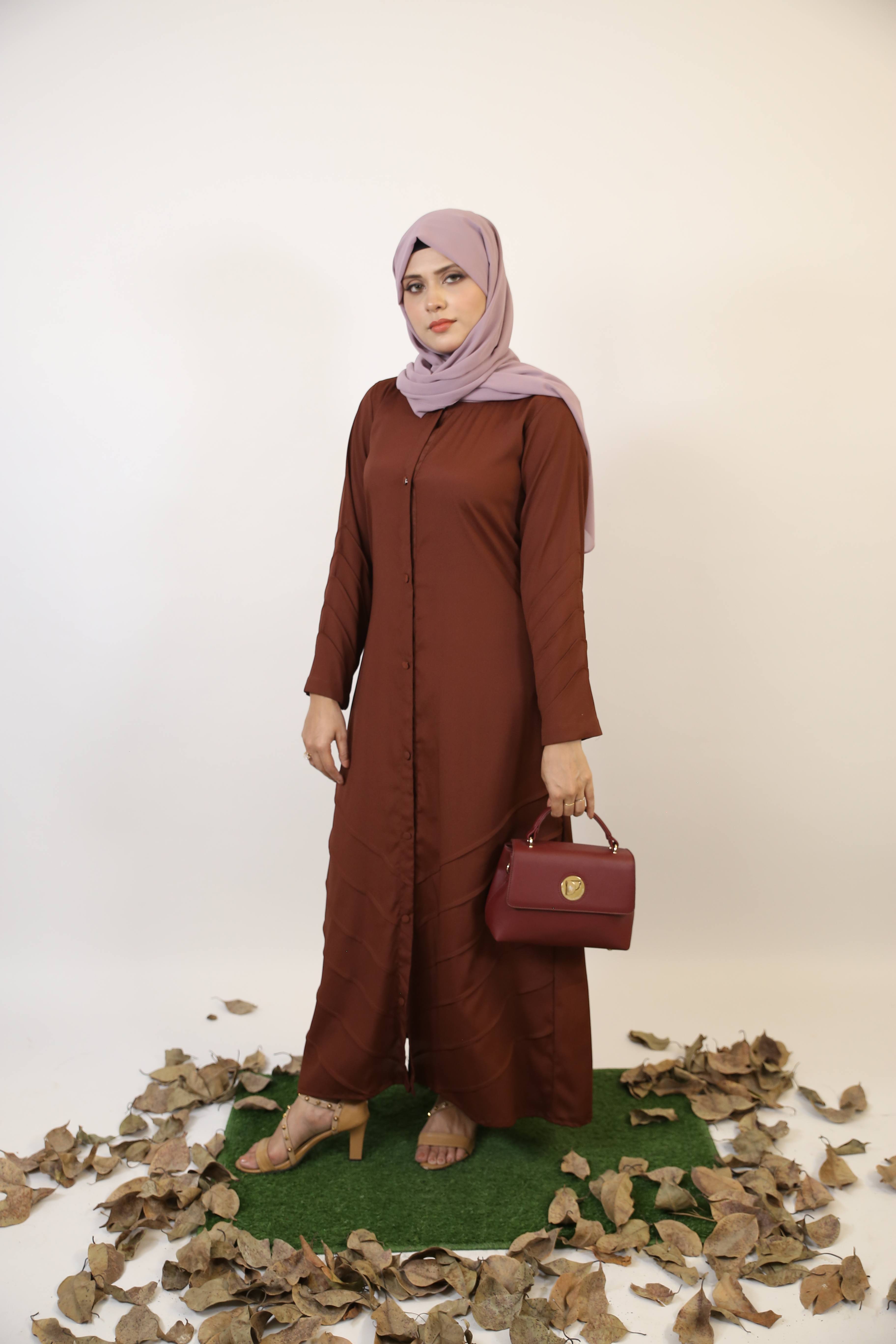 Saher- Enchanting wrinkle free abaya dress with piping details- Cocoa Brown