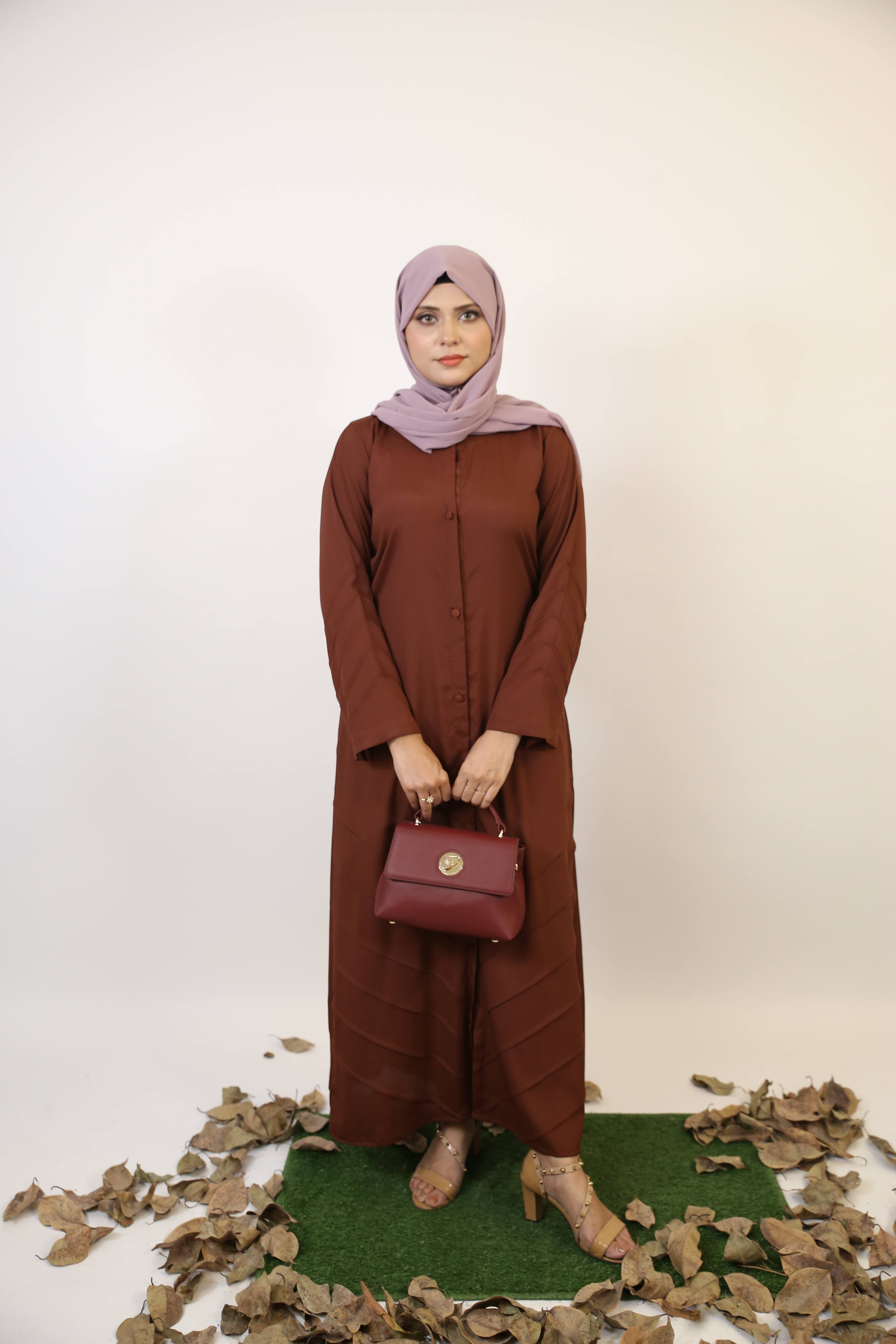 Saher- Enchanting wrinkle free abaya dress with piping details- Cocoa Brown