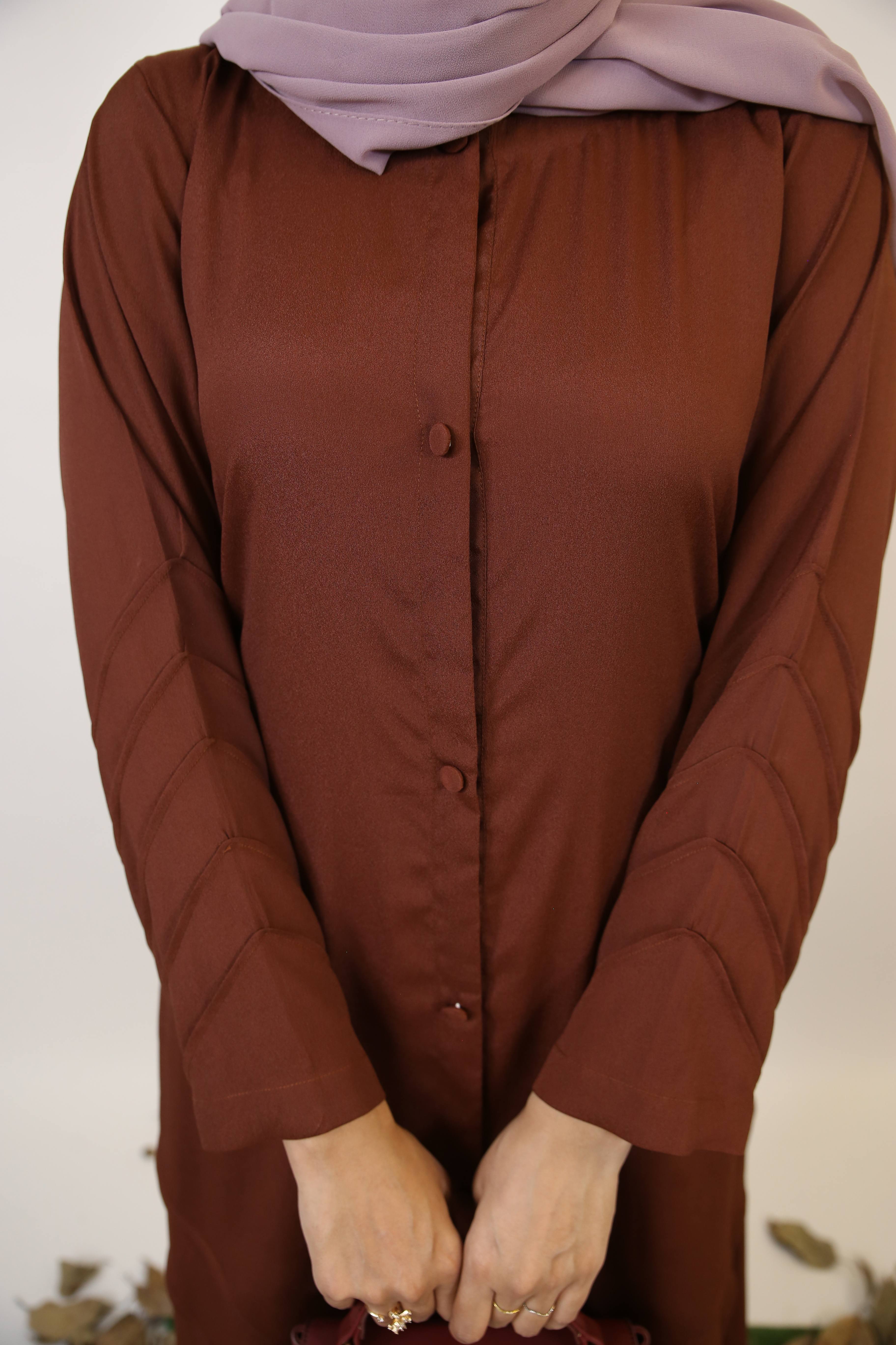 Saher- Enchanting wrinkle free abaya dress with piping details- Cocoa Brown