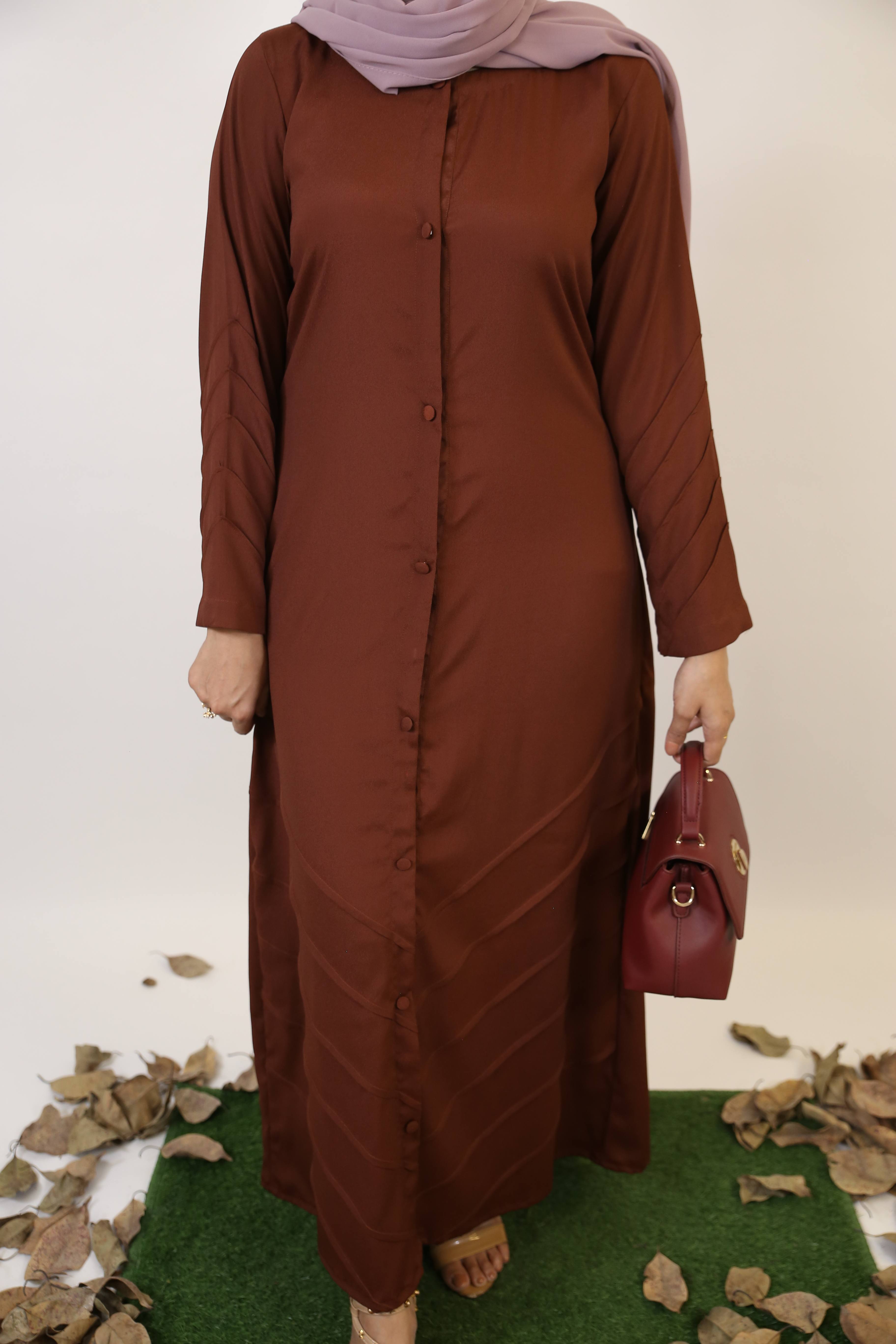 Saher- Enchanting wrinkle free abaya dress with piping details- Cocoa Brown