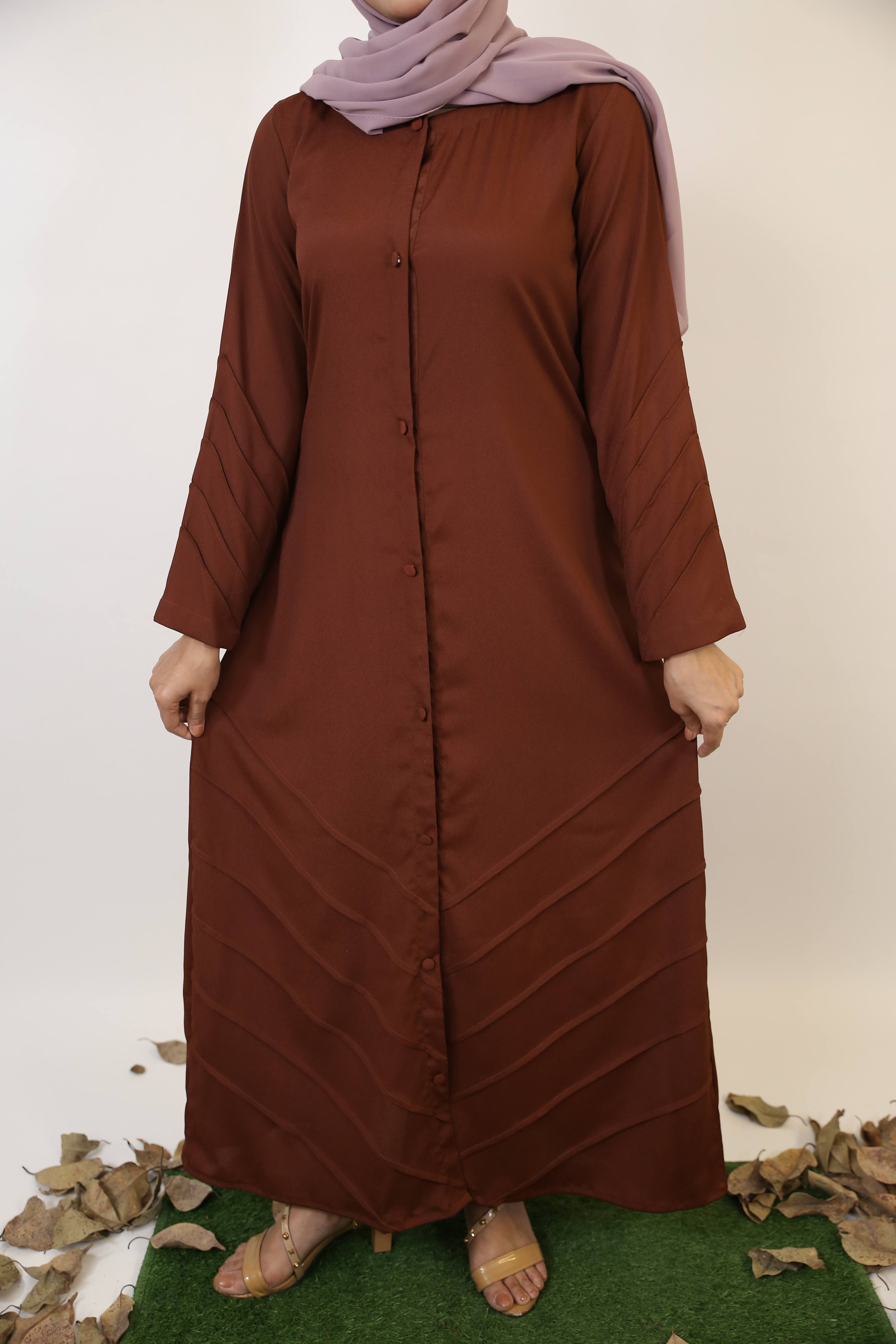 Saher- Enchanting wrinkle free abaya dress with piping details- Cocoa Brown