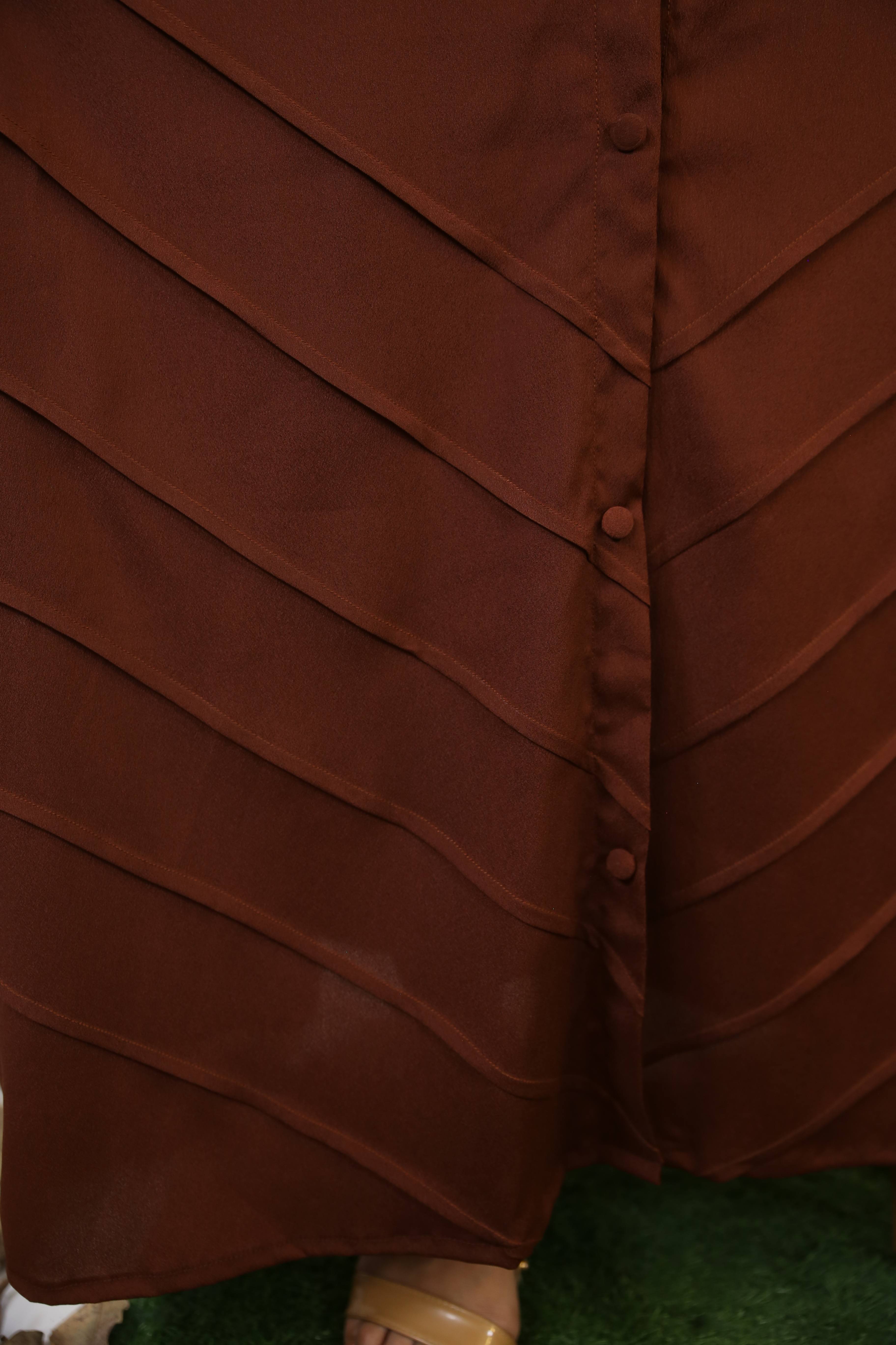 Saher- Enchanting wrinkle free abaya dress with piping details- Cocoa Brown