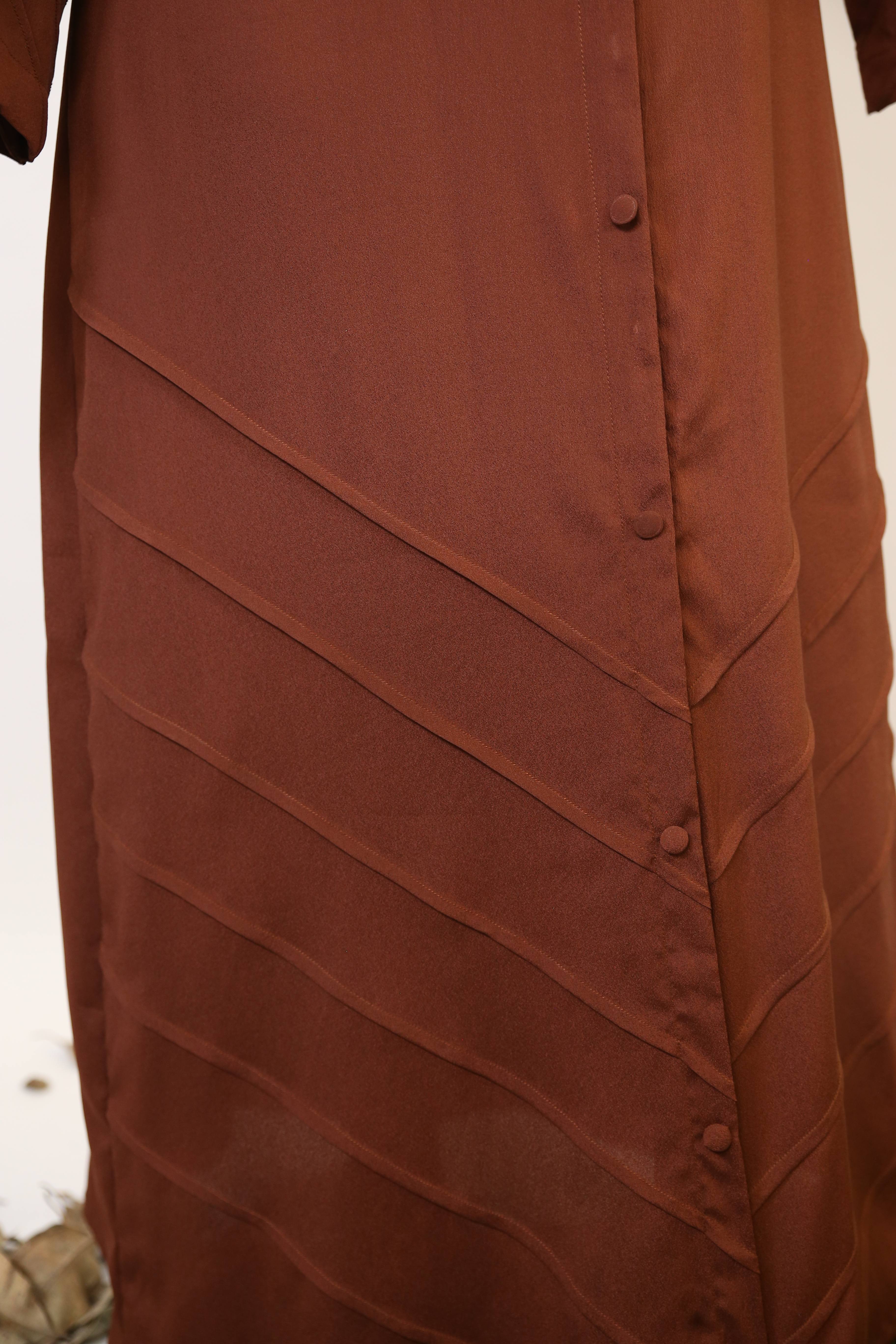 Saher- Enchanting wrinkle free abaya dress with piping details- Cocoa Brown