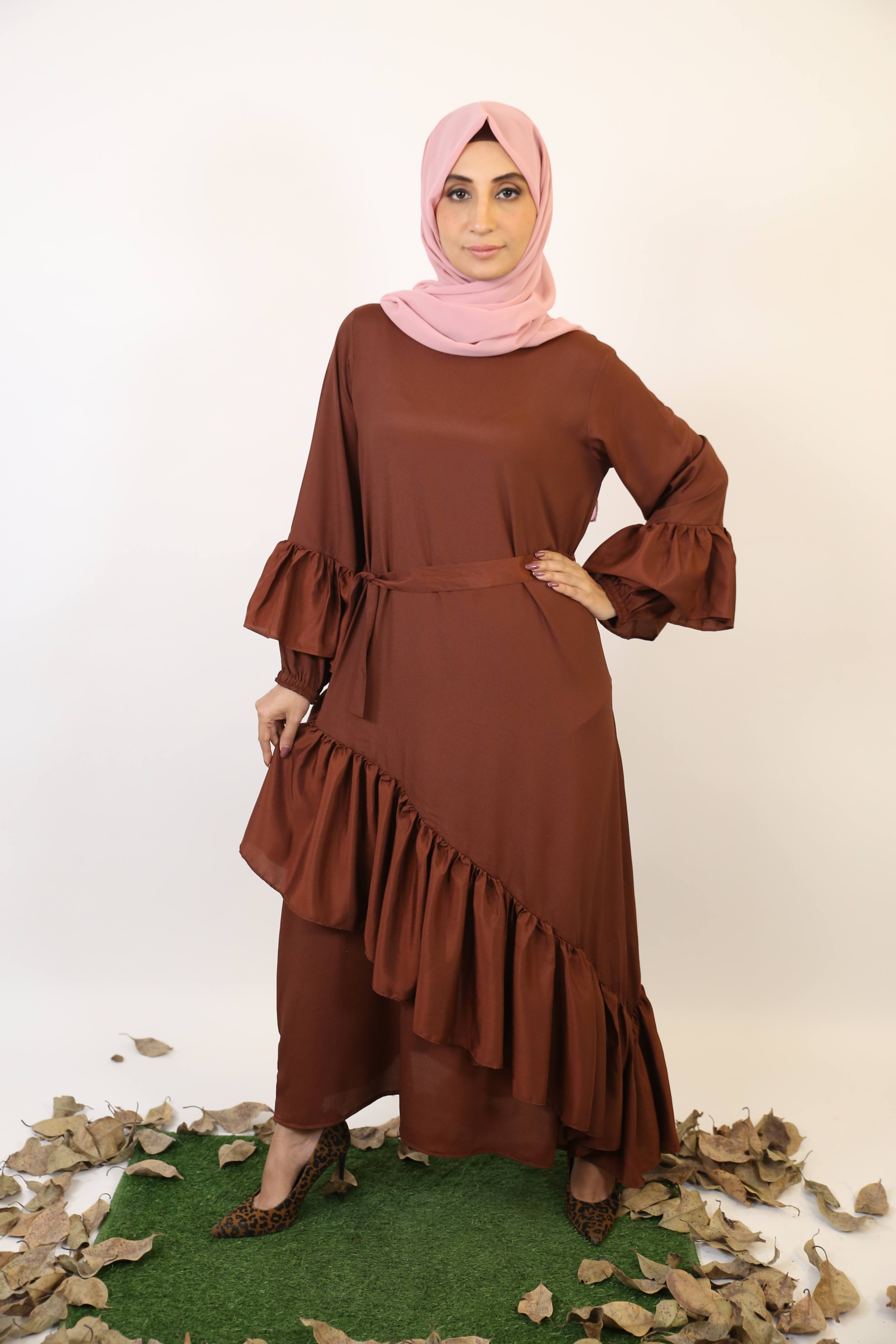 Amber- Glamorous modest maxi dress with slant cut hem and balloon sleeves- Coffee brown