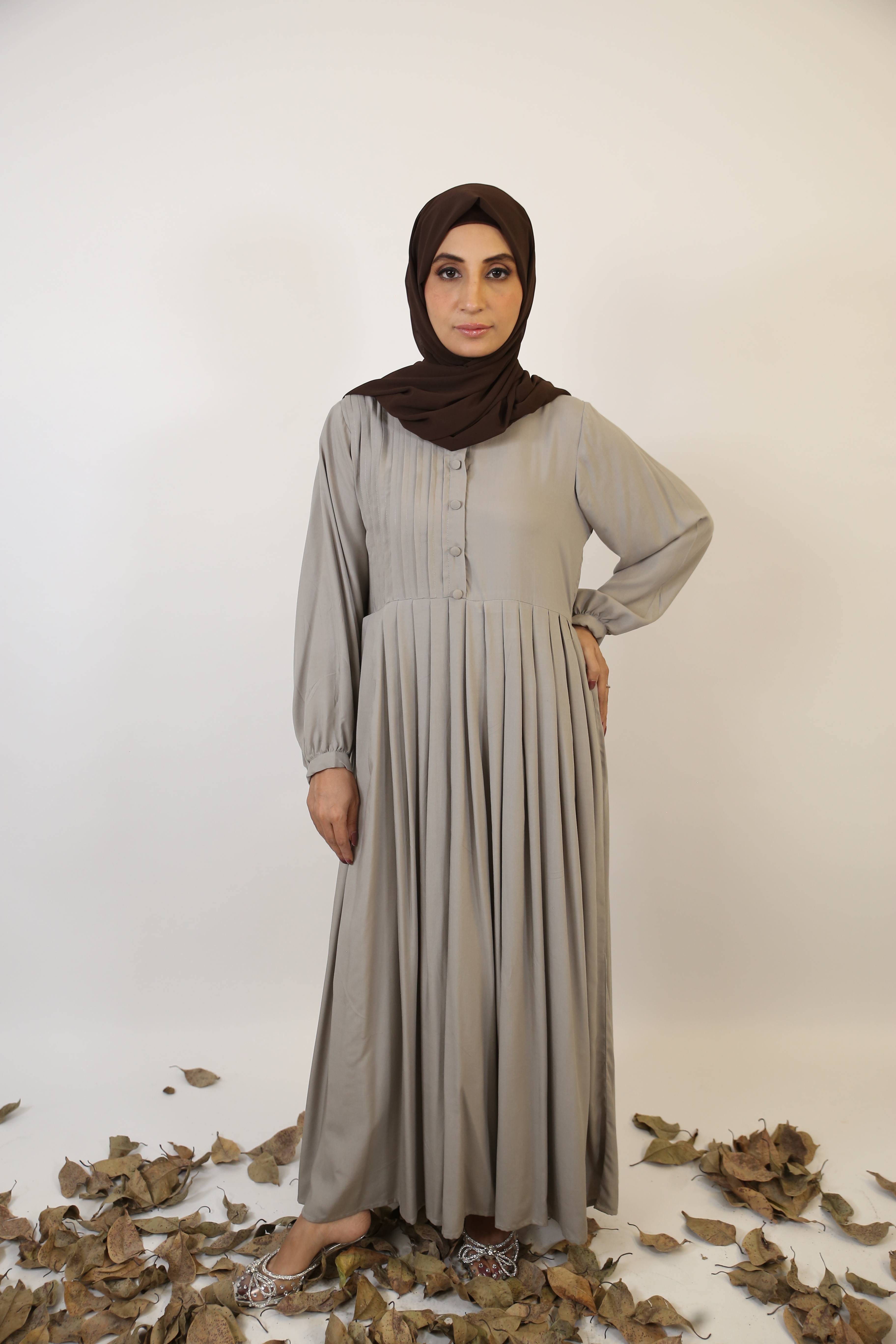 Rasmi- Sophisticated Linen smock dress with pleated front- Slate Gray