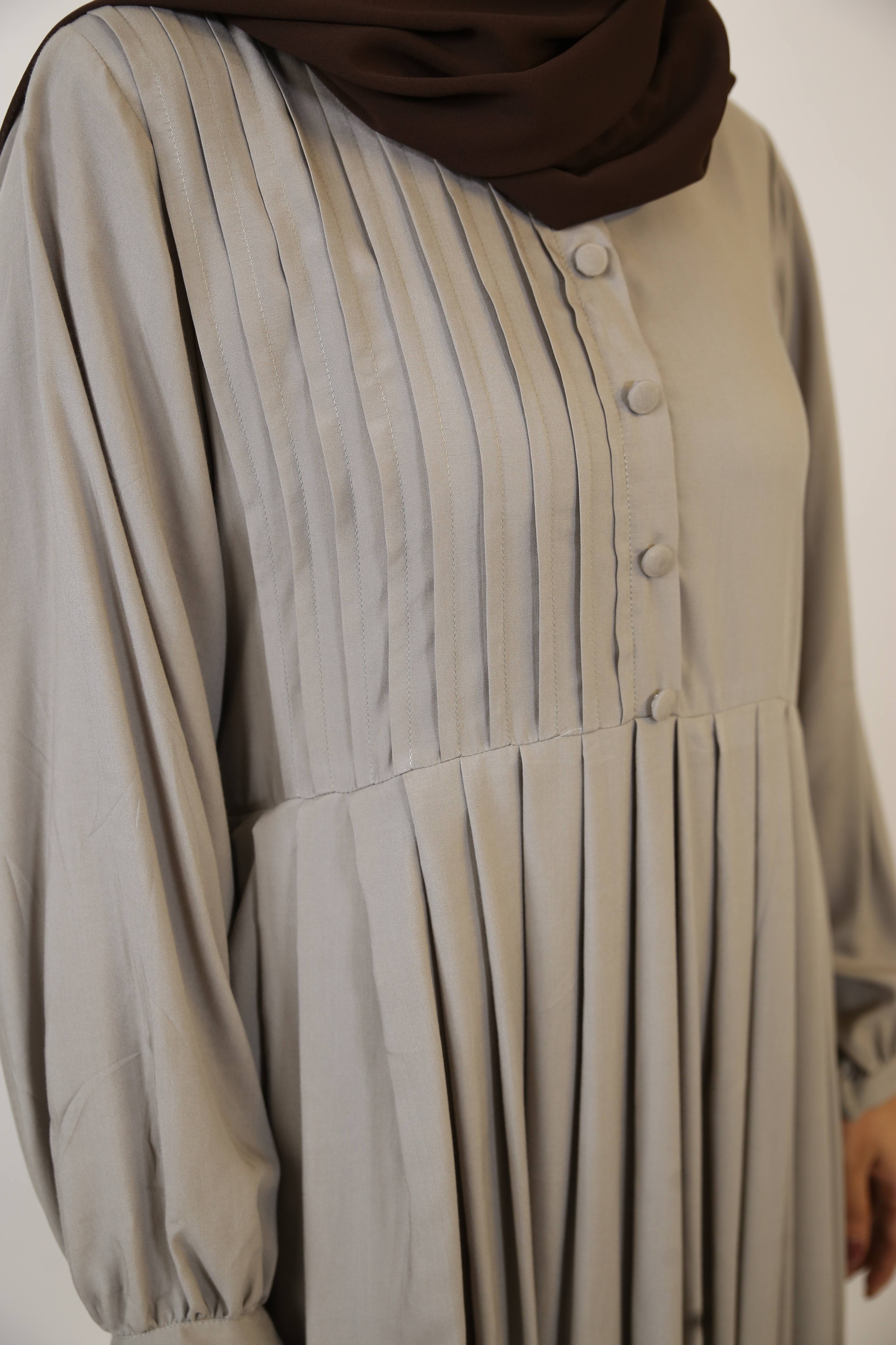 Rasmi- Sophisticated Linen smock dress with pleated front- Slate Gray