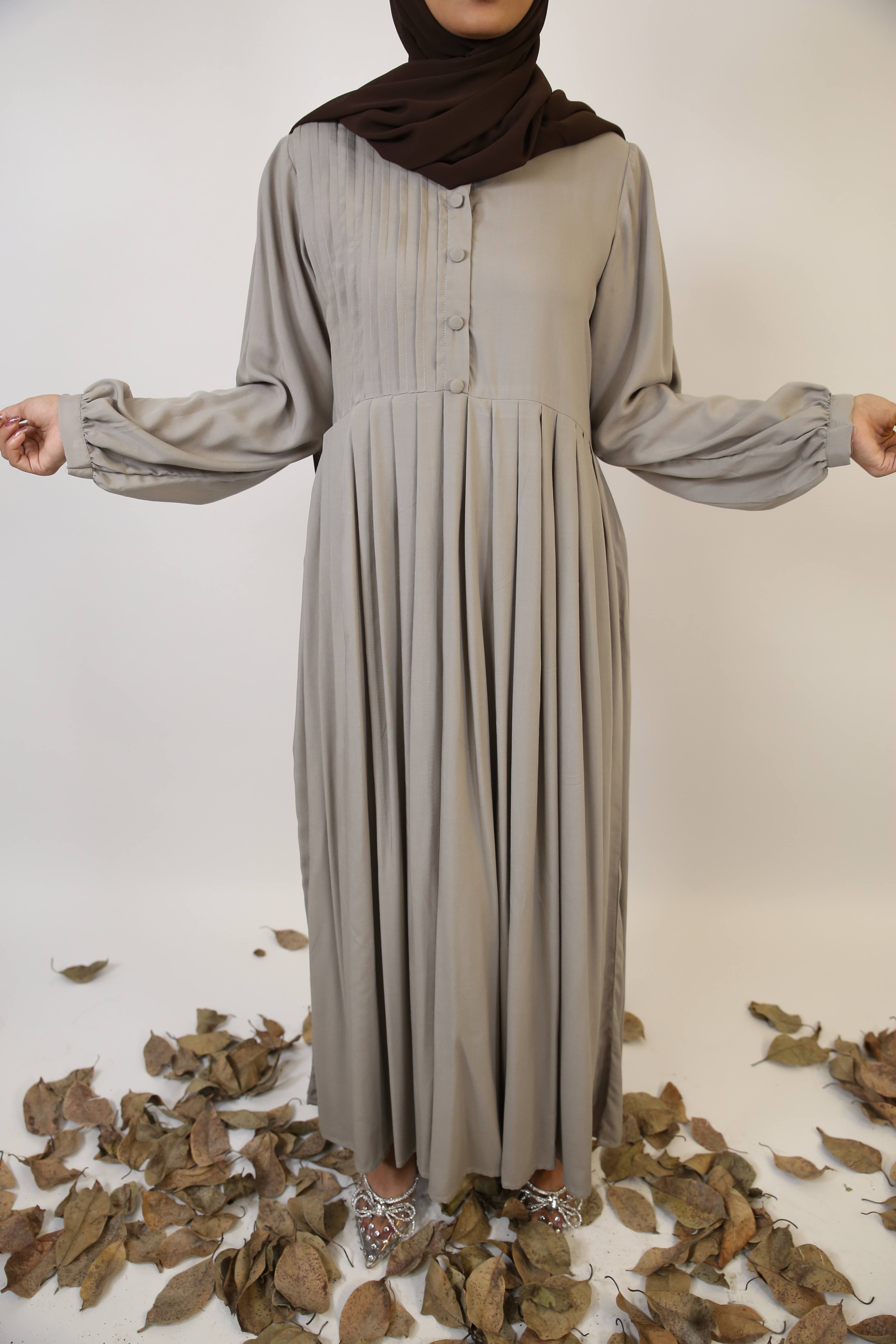 Rasmi- Sophisticated Linen smock dress with pleated front- Slate Gray