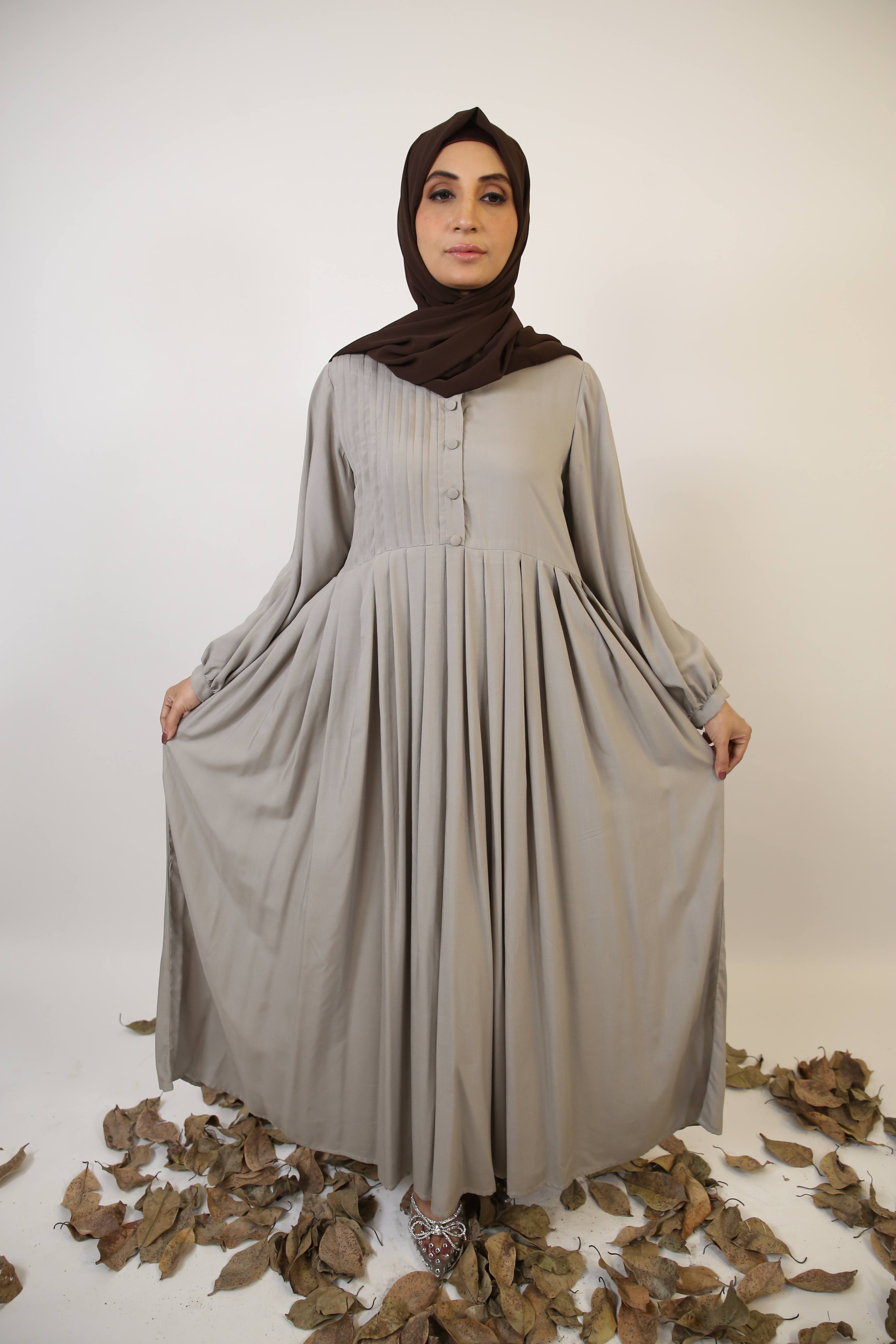 Rasmi- Sophisticated Linen smock dress with pleated front- Slate Gray