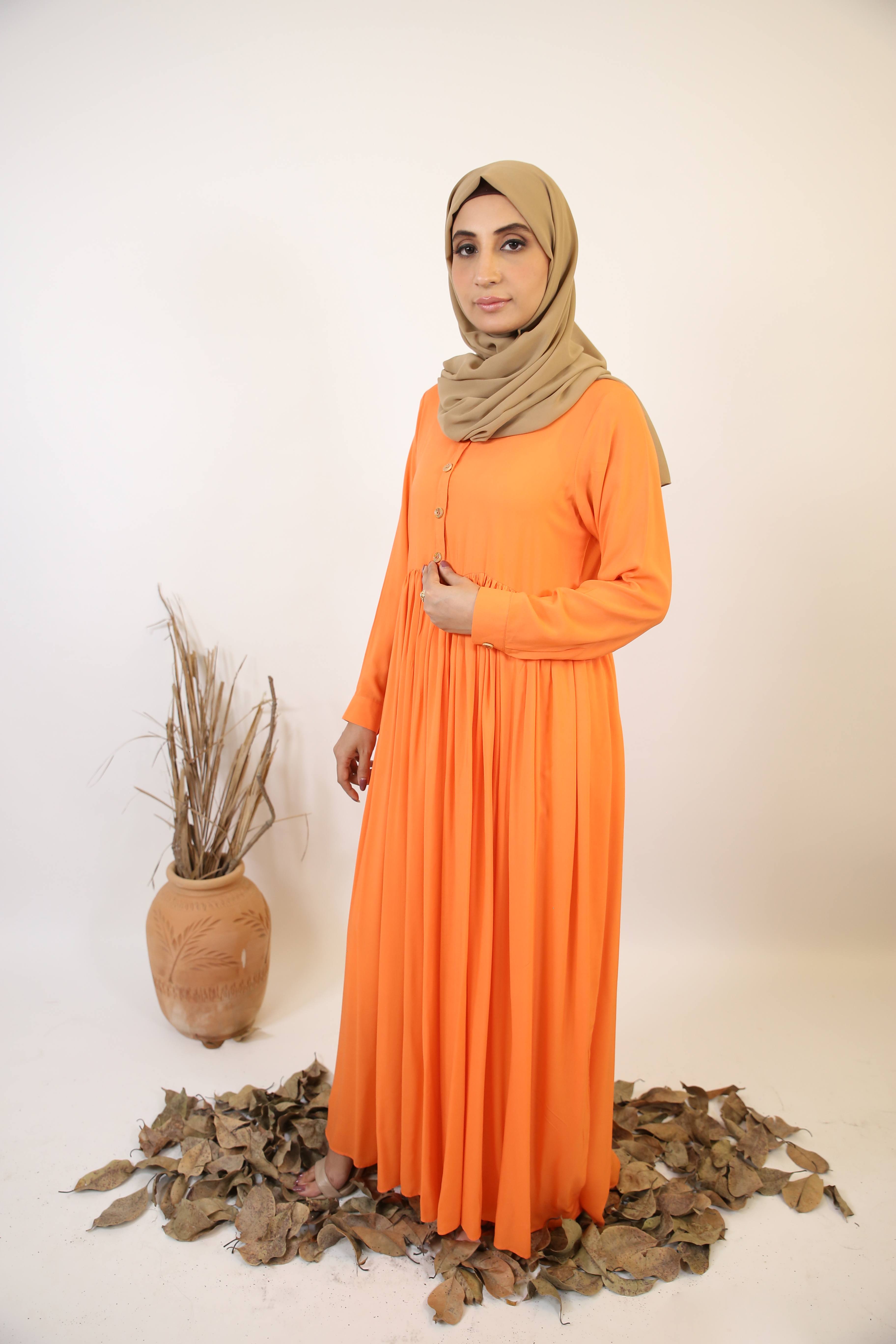 Lahab- Striking Linen maxi dress with ruffled hem and button on front- Tangerine orange