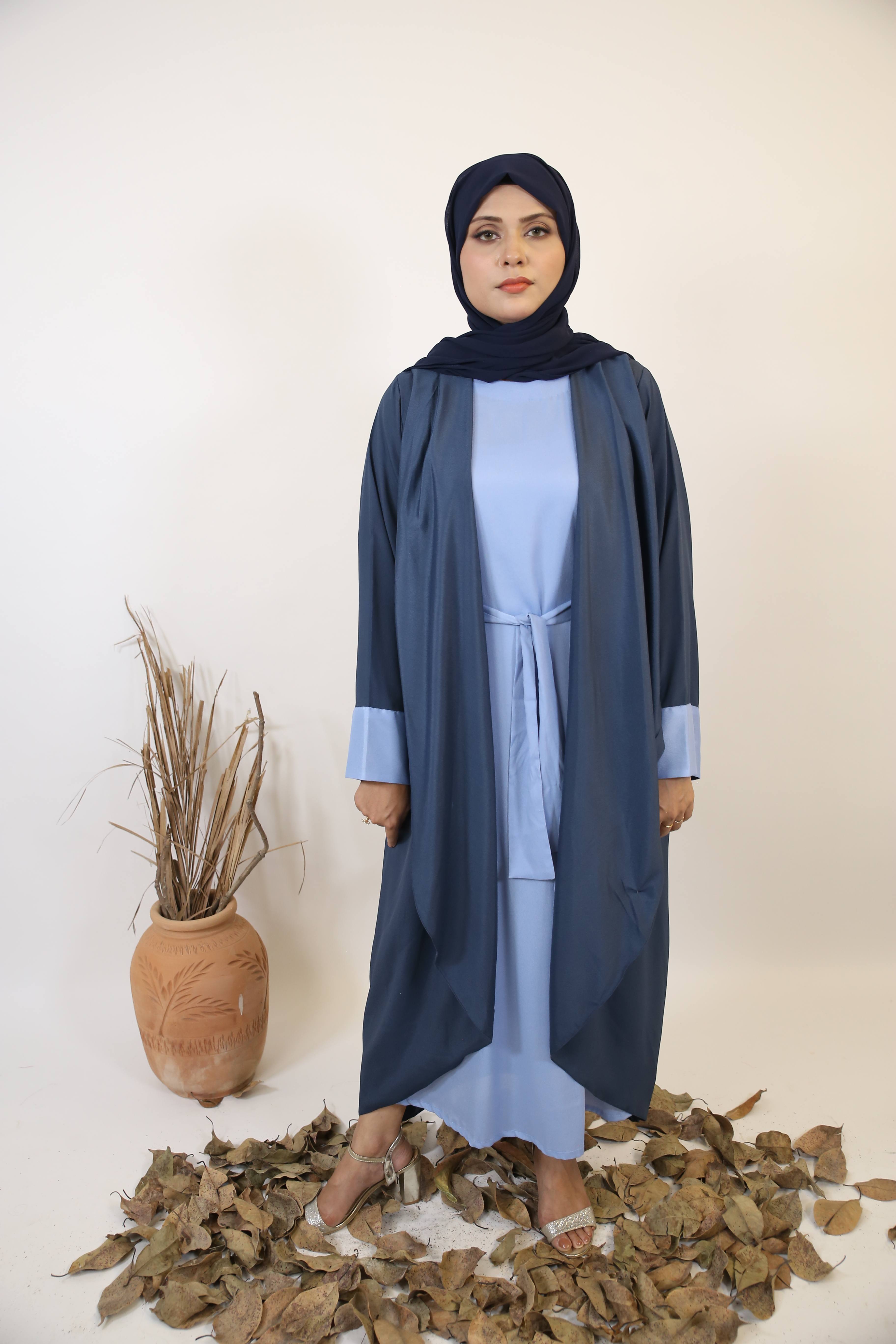 Tabayan- Dramatic Dual tone throw over abaya with contrast of baby blue inner slip dress