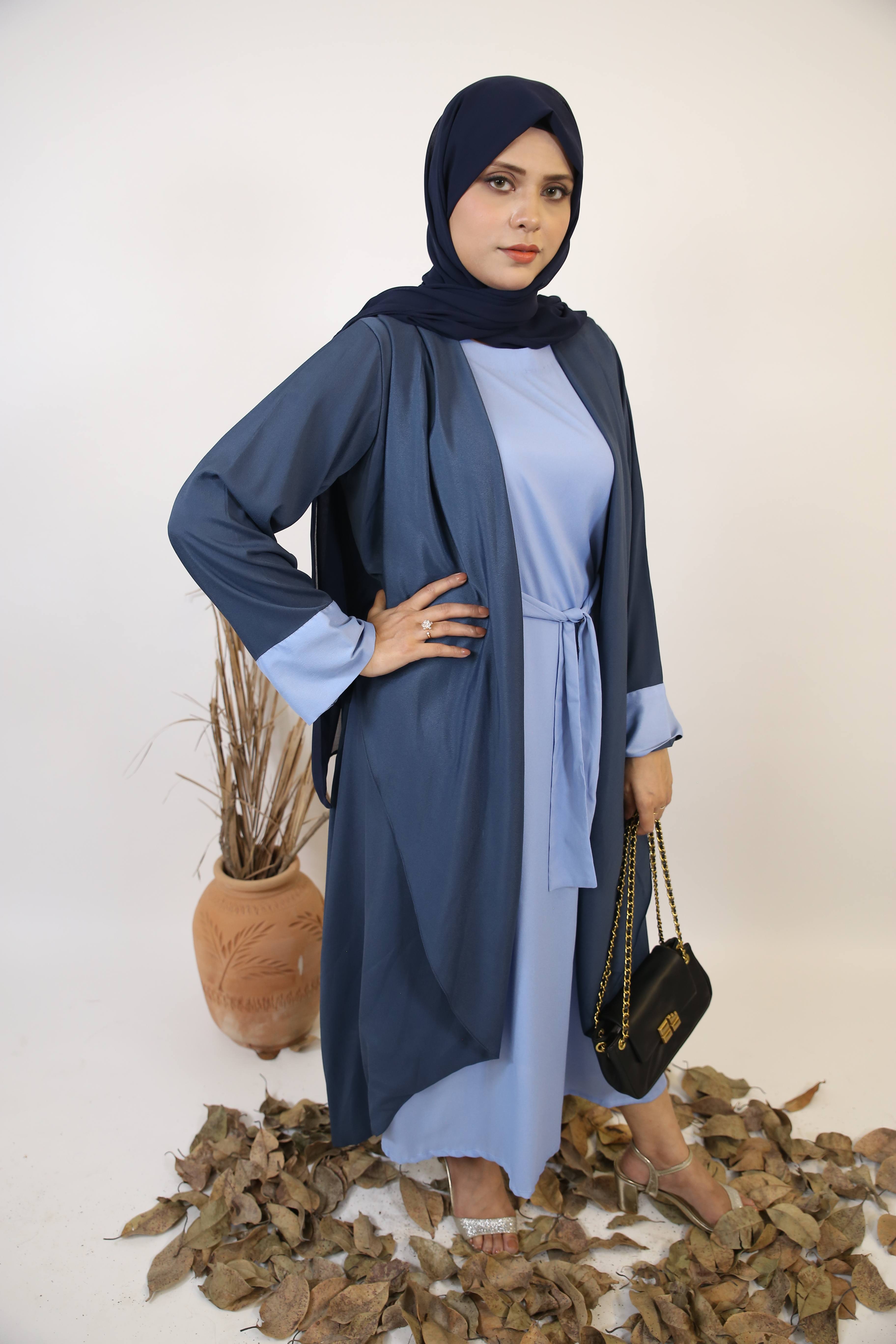 Tabayan- Dramatic Dual tone throw over abaya with contrast of baby blue inner slip dress