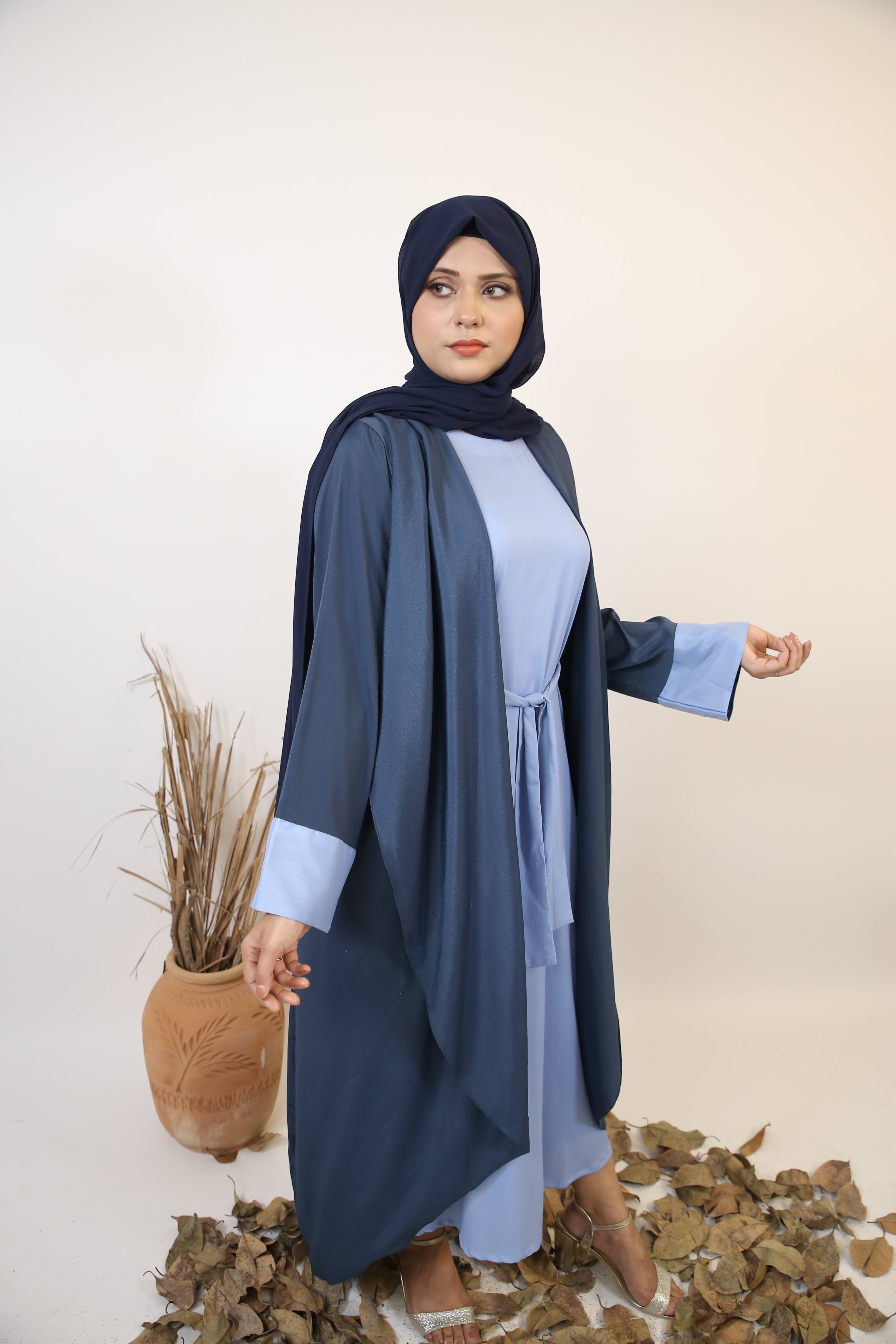 Tabayan- Dramatic Dual tone throw over abaya with contrast of baby blue inner slip dress