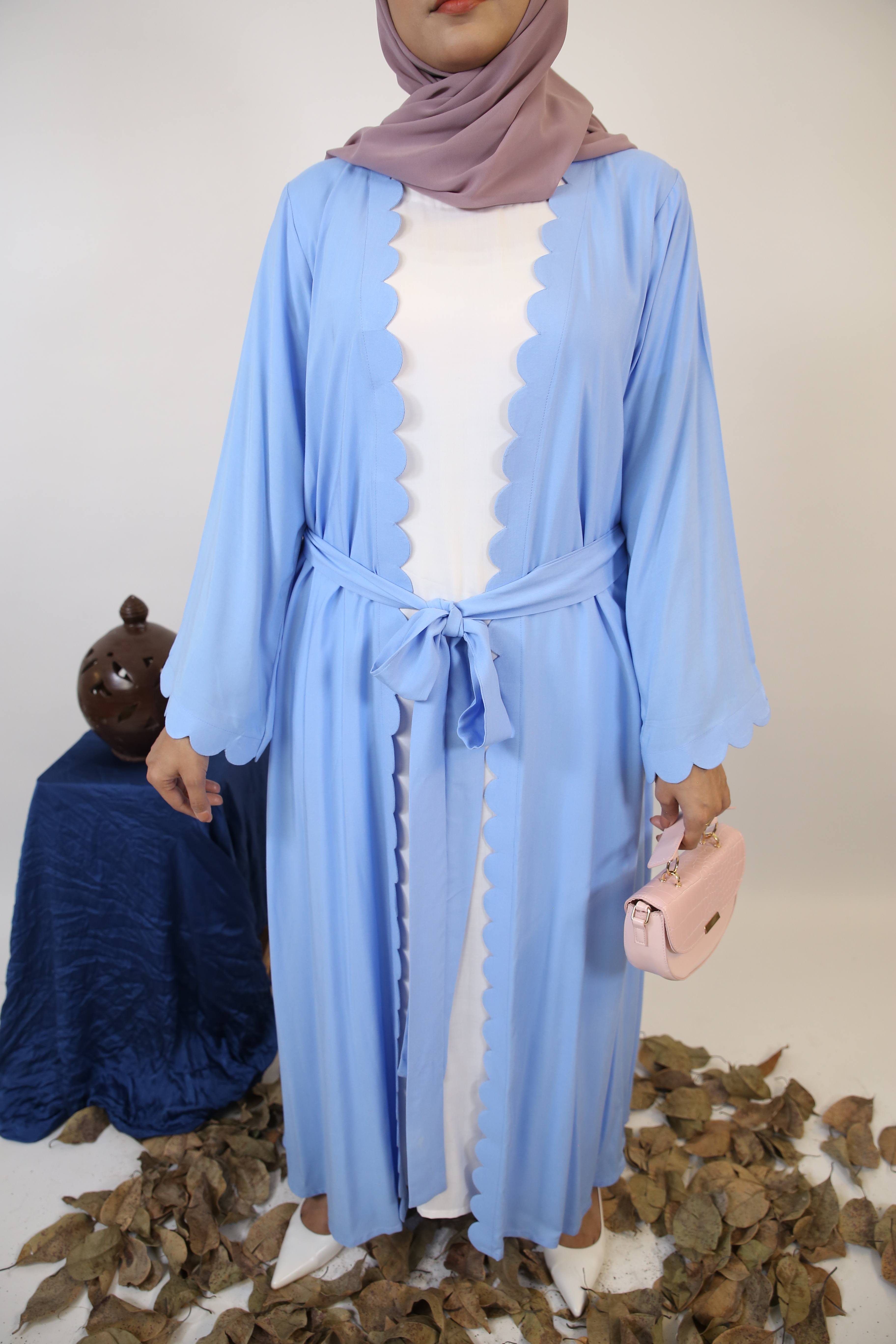 Katb- Radiant linen throw over abaya with cutout detailing and detachable belt with white inner slip dress- sky blue