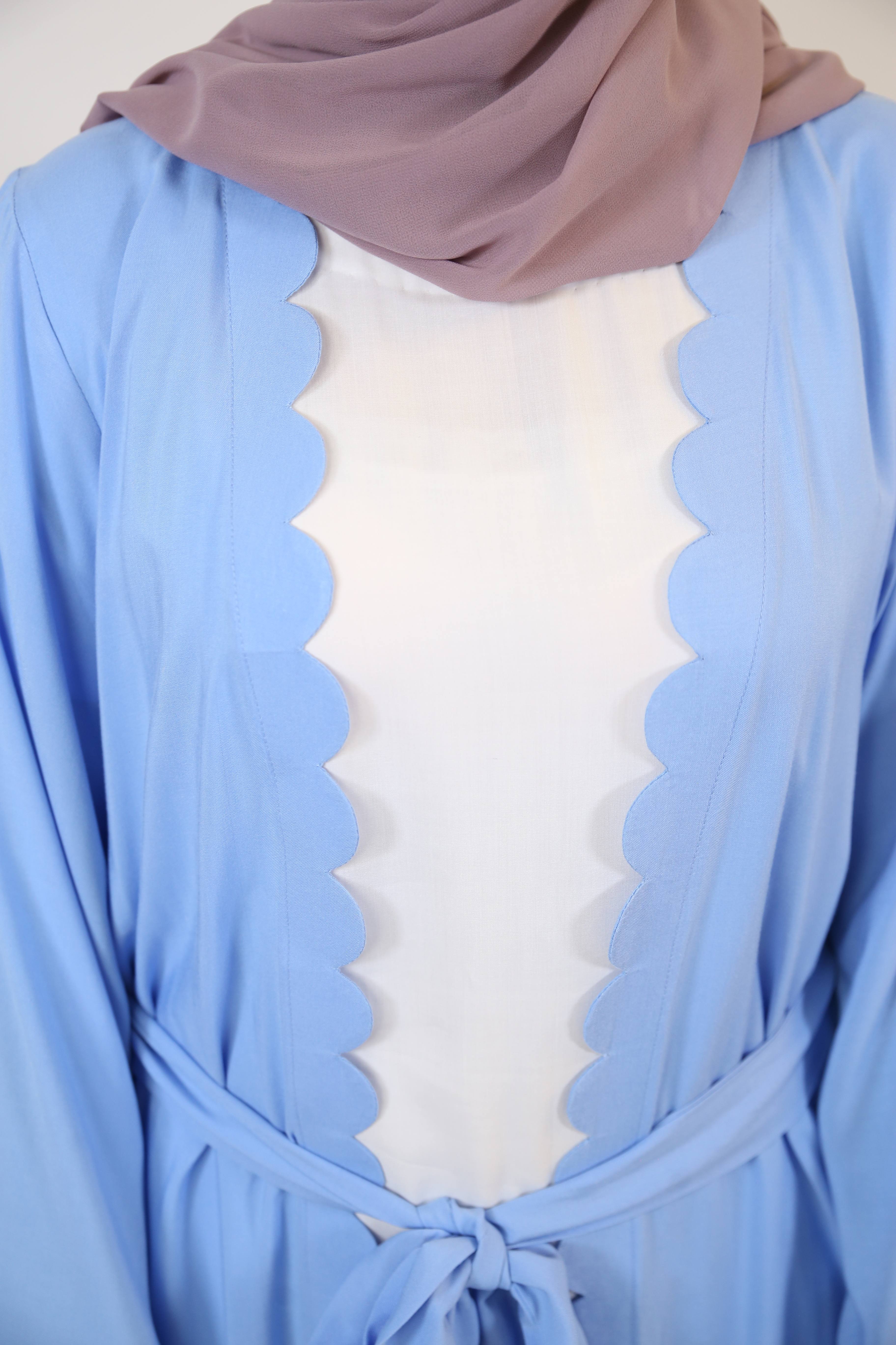 Katb- Radiant linen throw over abaya with cutout detailing and detachable belt with white inner slip dress- sky blue