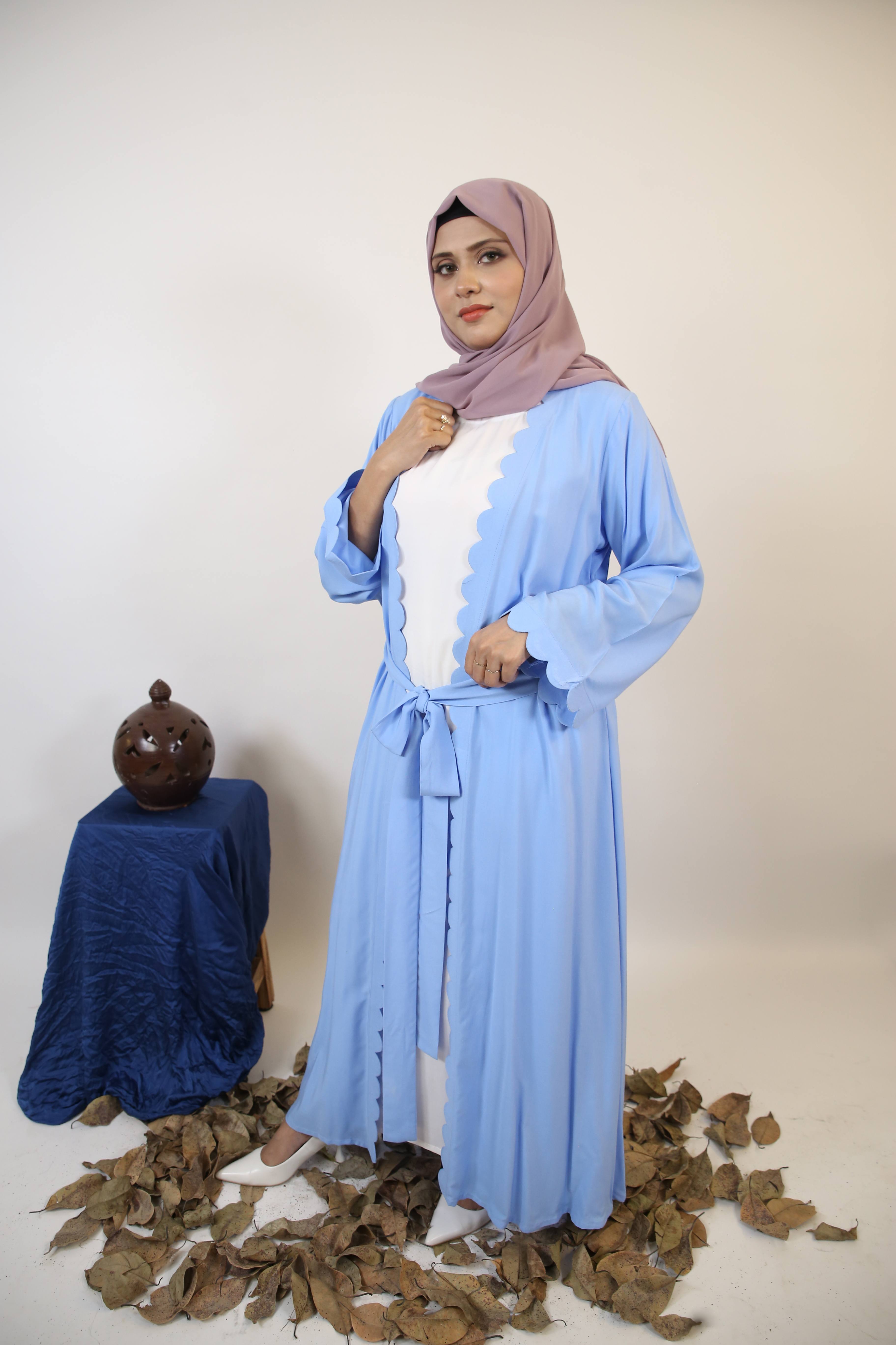 Katb- Radiant linen throw over abaya with cutout detailing and detachable belt with white inner slip dress- sky blue