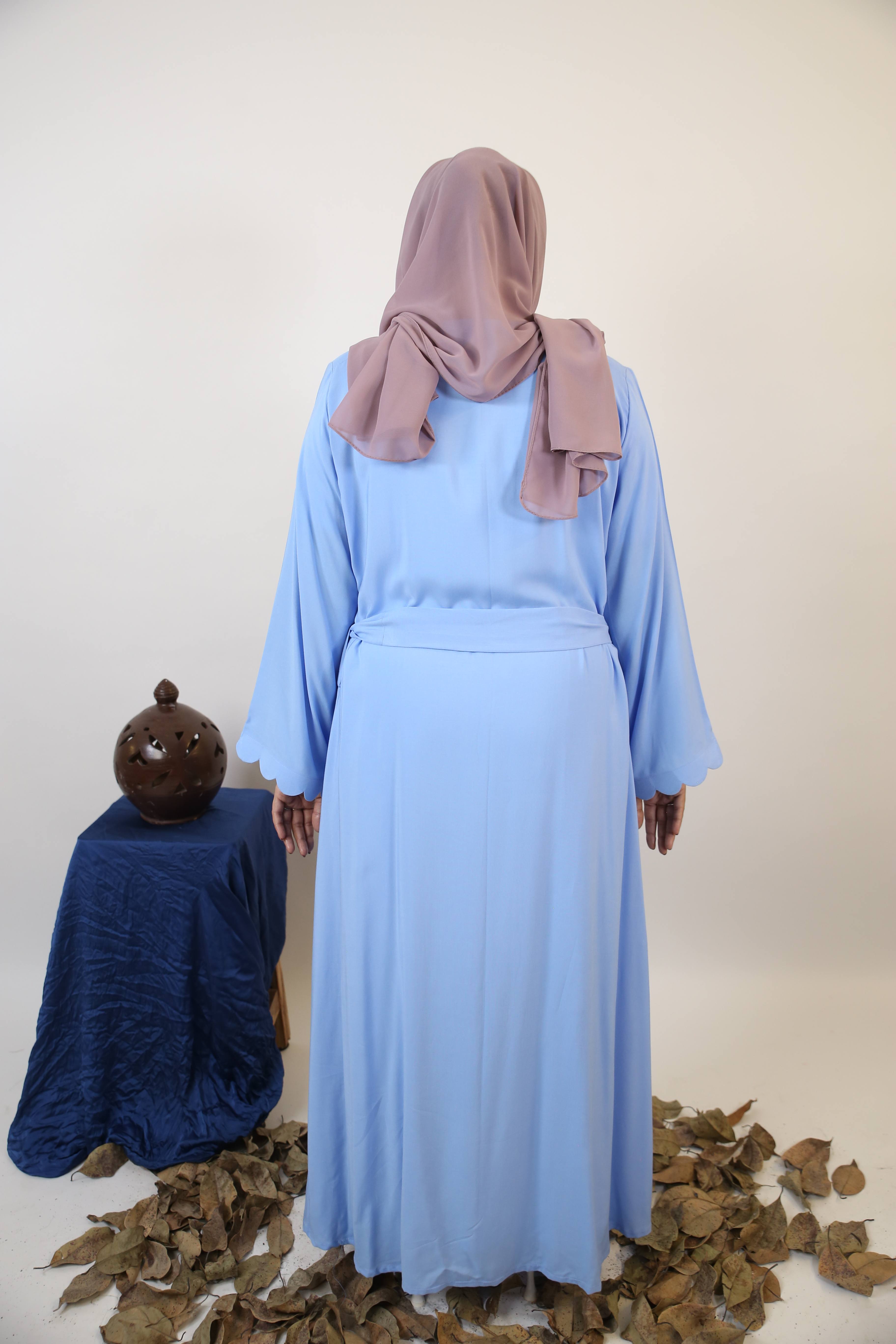 Katb- Radiant linen throw over abaya with cutout detailing and detachable belt with white inner slip dress- sky blue