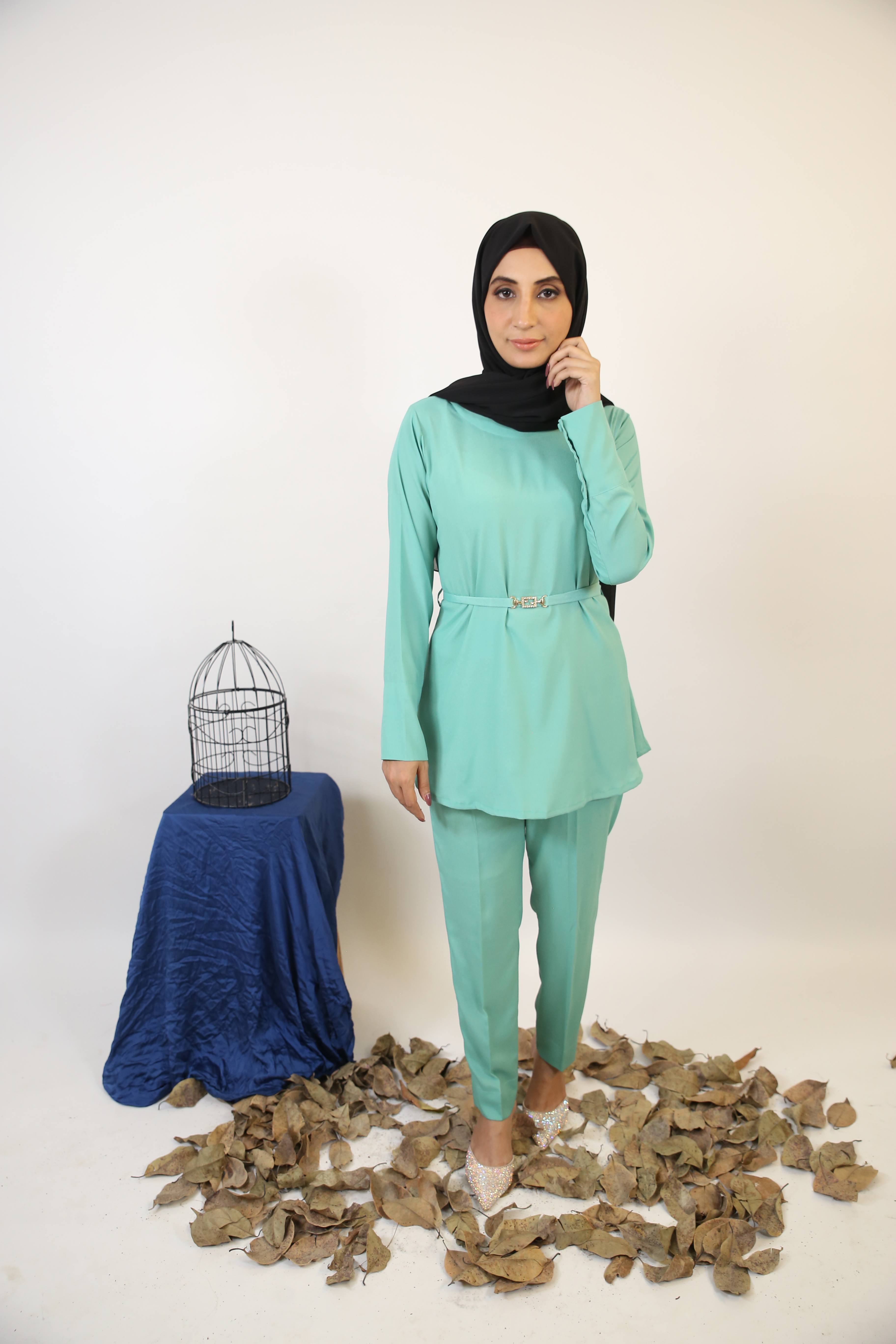 Lami- Dazzling modest two piece co ord set with belt embellishment and cuffed sleeves-Mint green