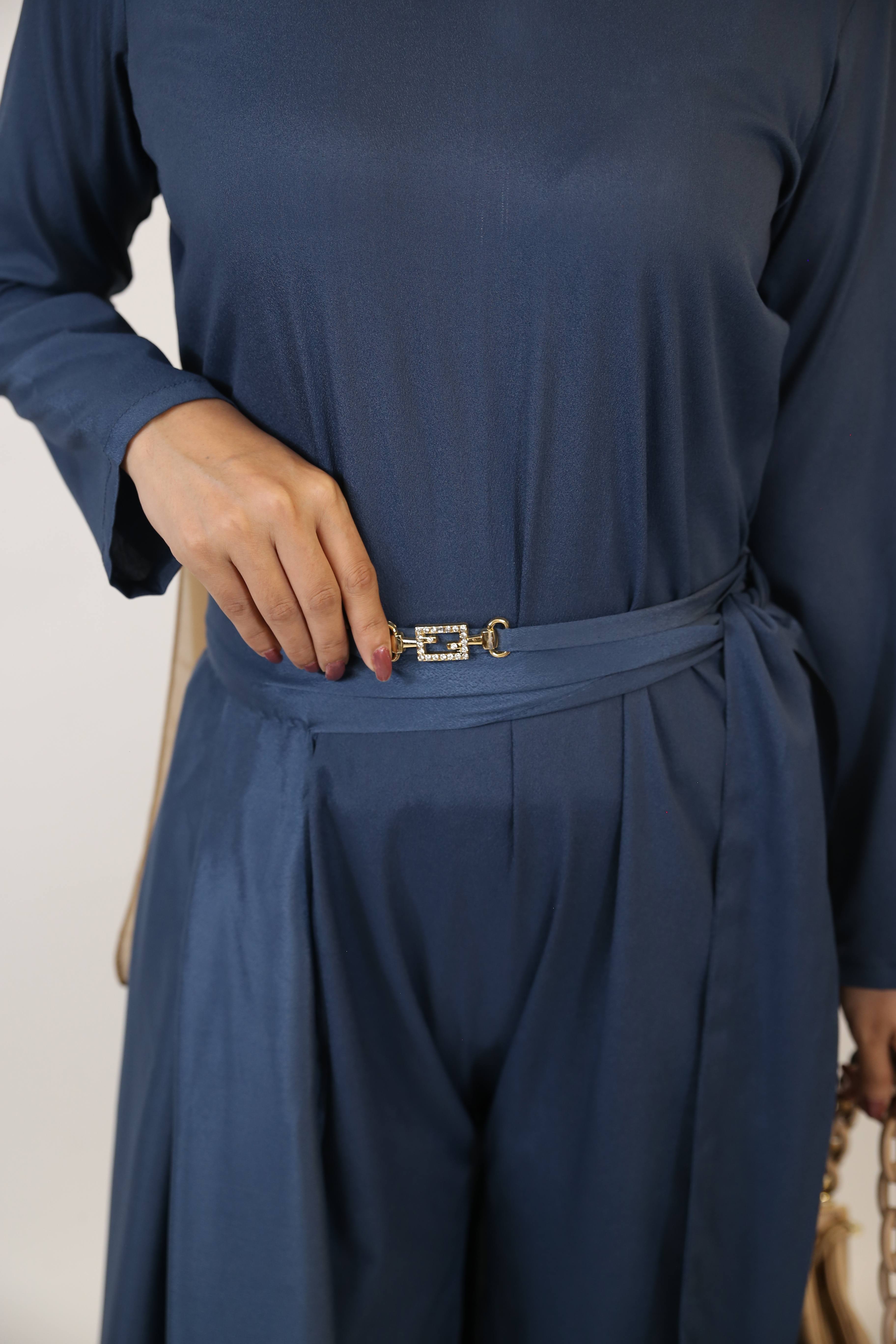 Mumtia- Chic modest style jumpsuit dress with belt embellishment and apron- Indigo blue
