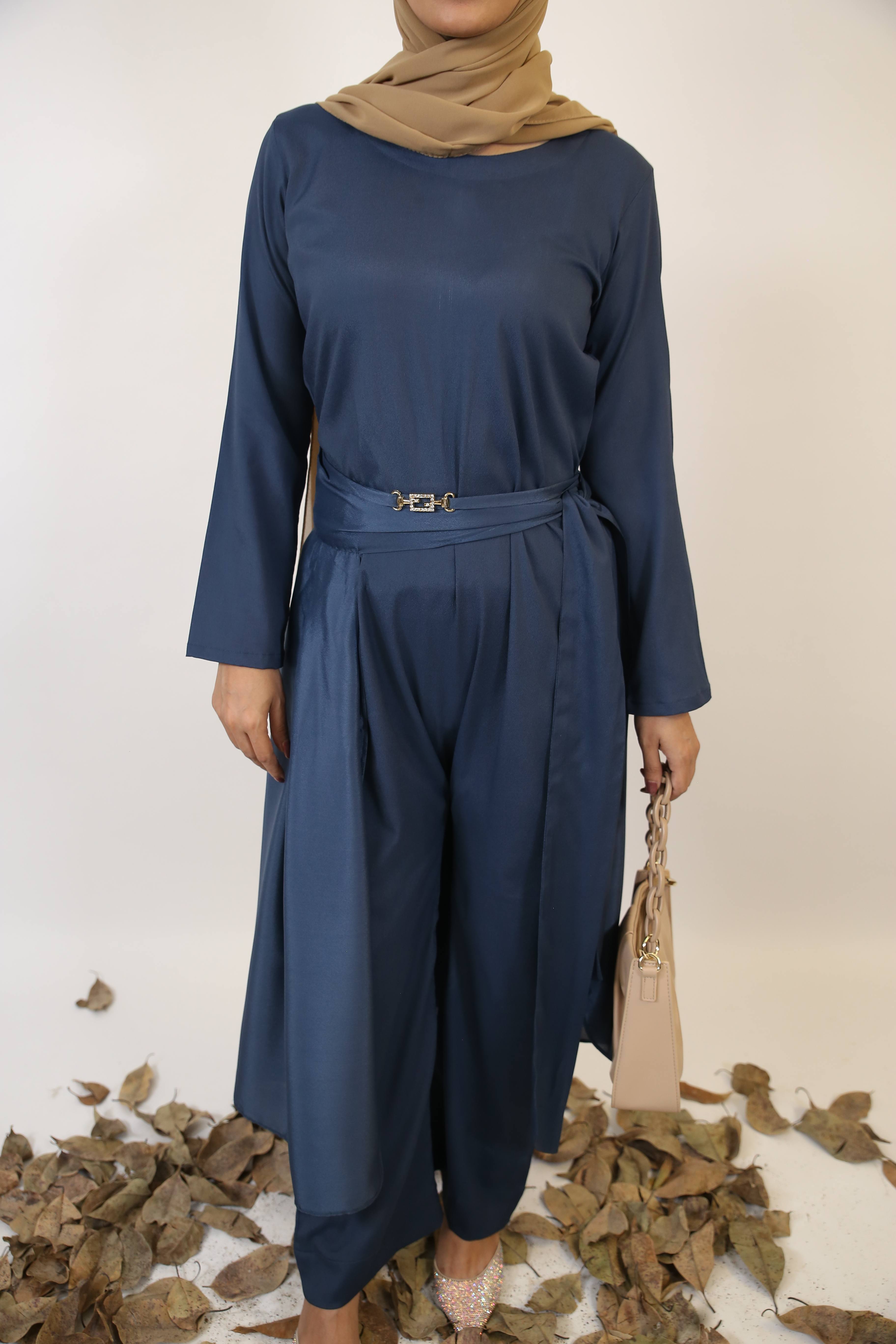 Mumtia- Chic modest style jumpsuit dress with belt embellishment and apron- Indigo blue