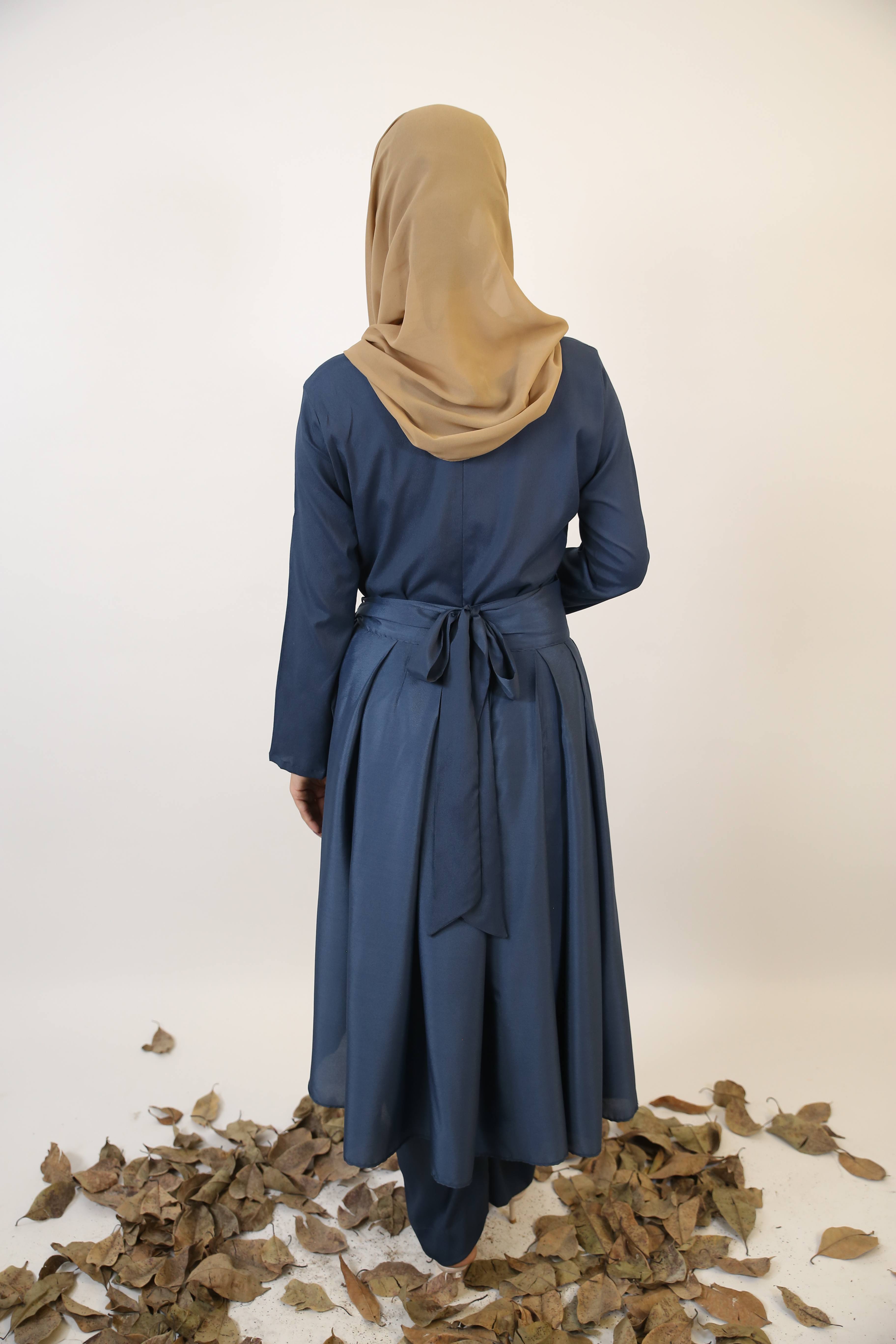 Mumtia- Chic modest style jumpsuit dress with belt embellishment and apron- Indigo blue