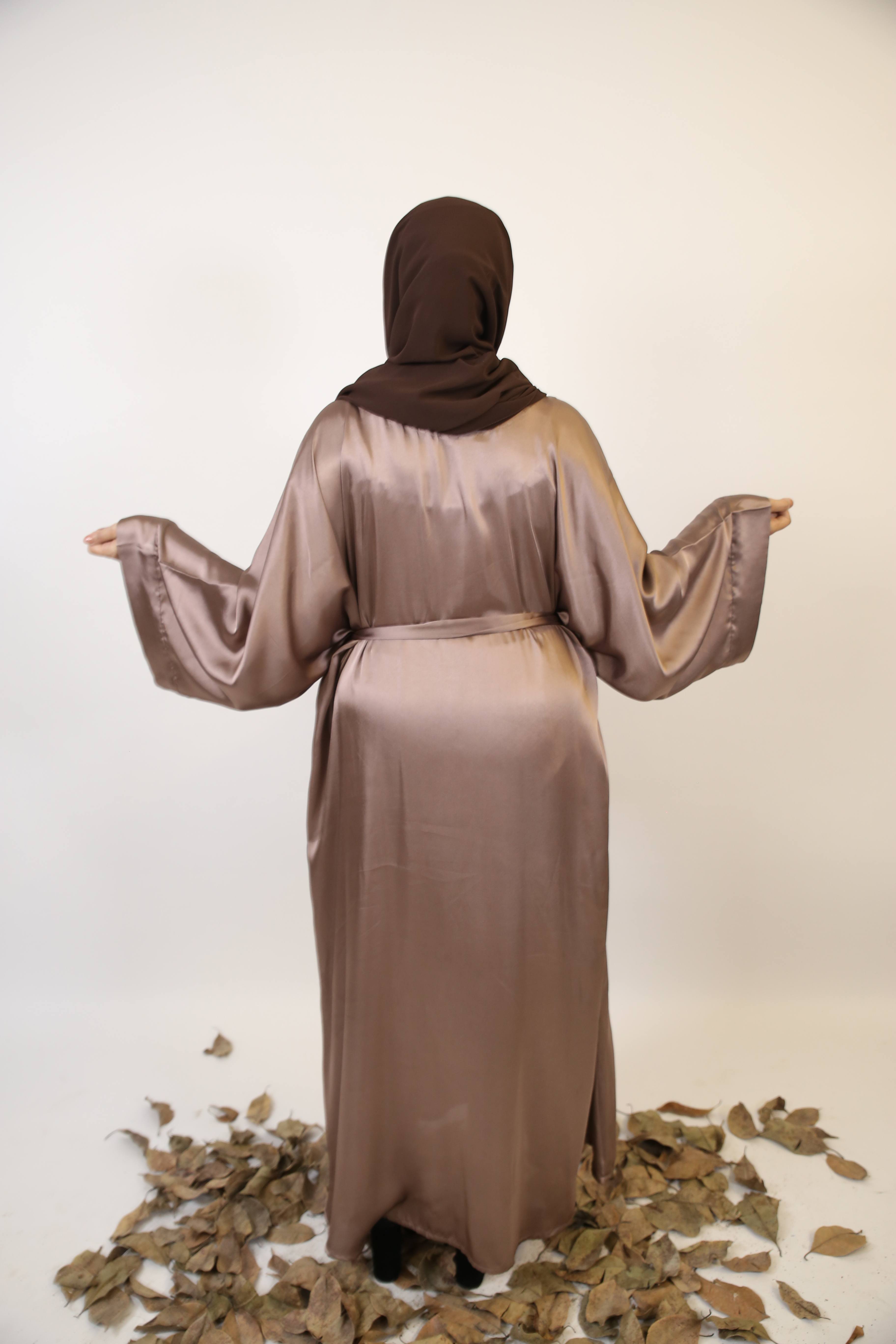 Castana- Dazzling Satin batwing abaya with kimono sleeves- khaki beige