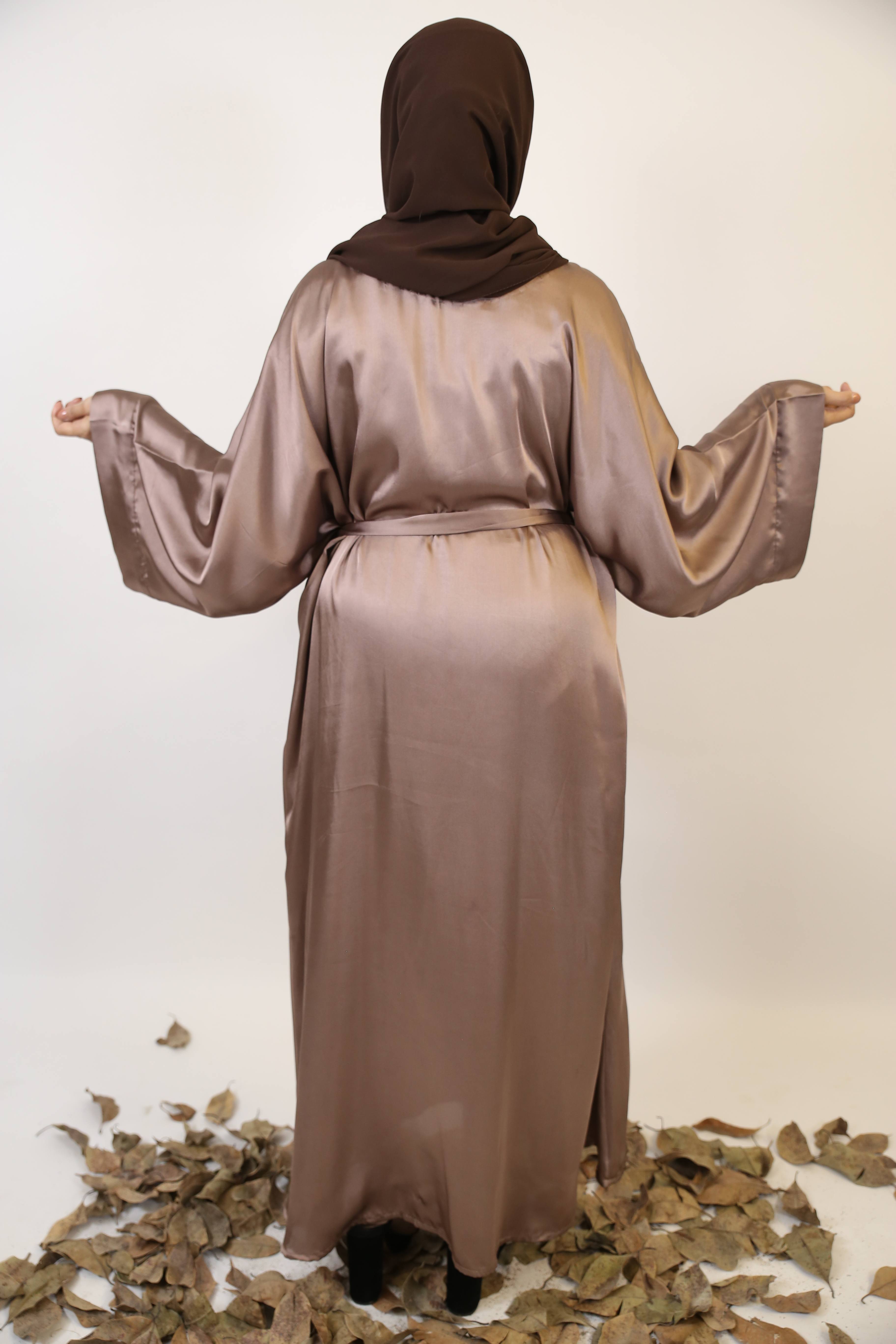 Castana- Dazzling Satin batwing abaya with kimono sleeves- khaki beige