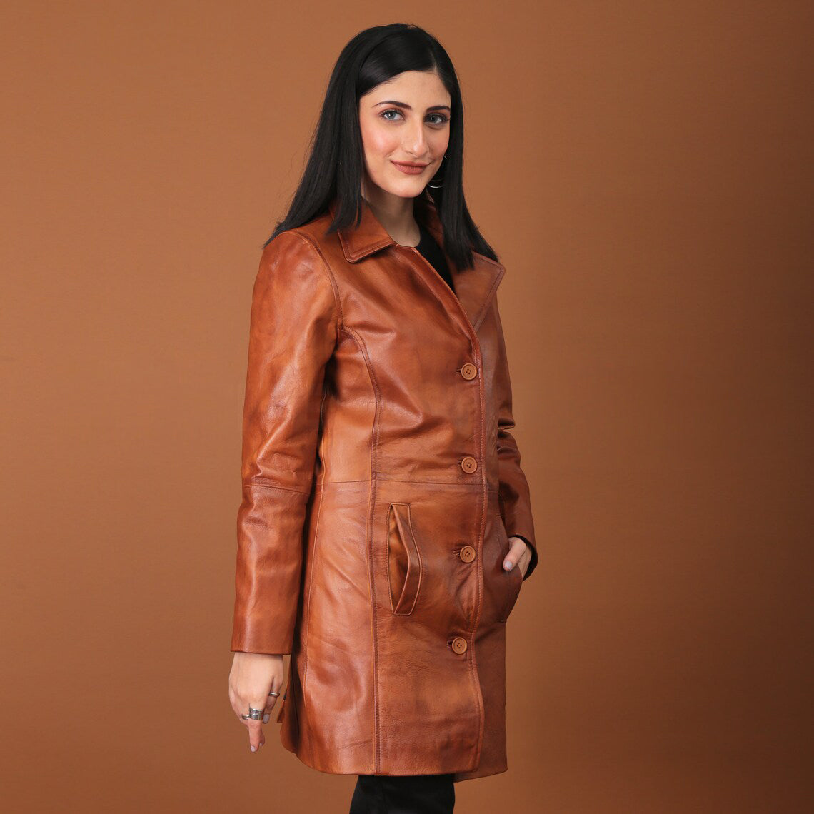 Timeless Elegance Handmade Tan Leather Trench Coat for Women