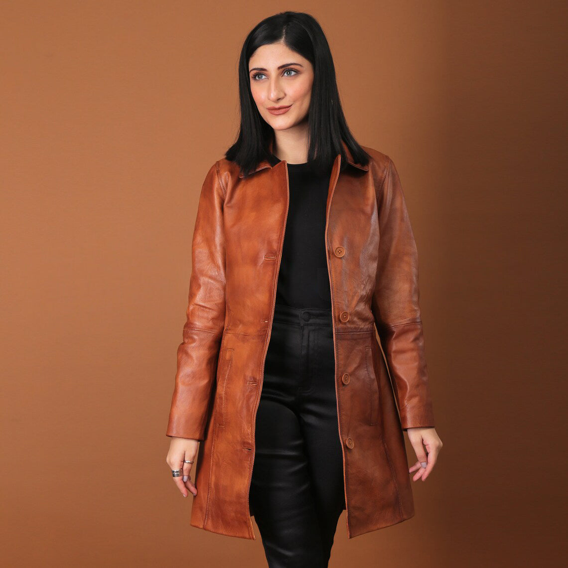 Timeless Elegance Handmade Tan Leather Trench Coat for Women