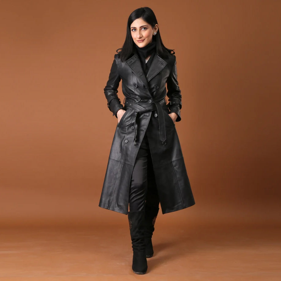 Timeless Grace Handmade Black Leather Trench Coat