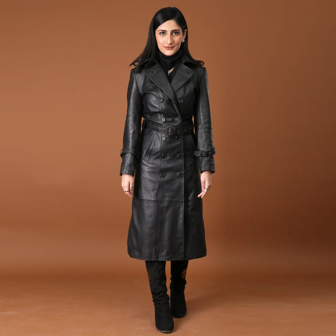 Timeless Grace Handmade Black Leather Trench Coat