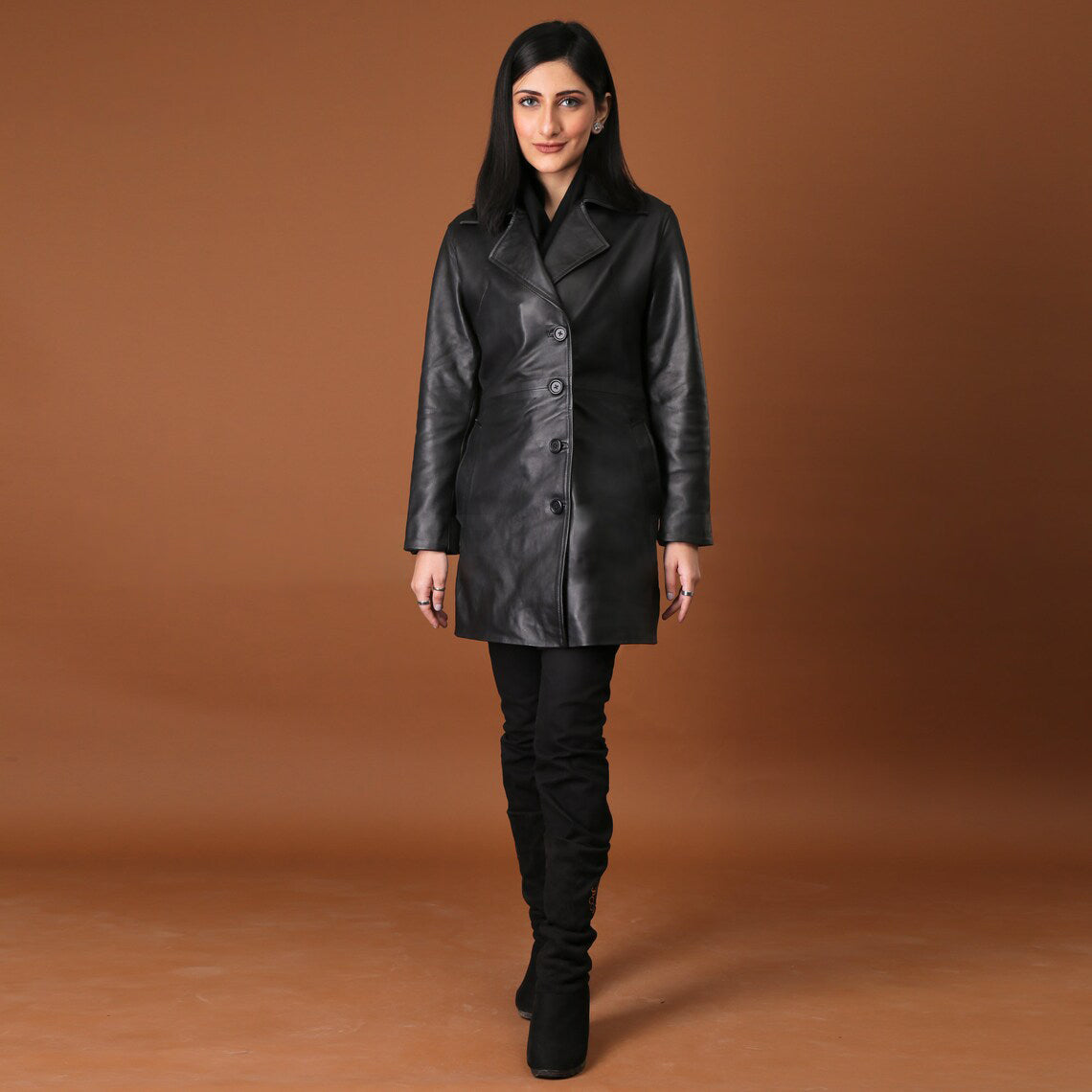 Elegant Handmade Black Leather Trench Coat for Women