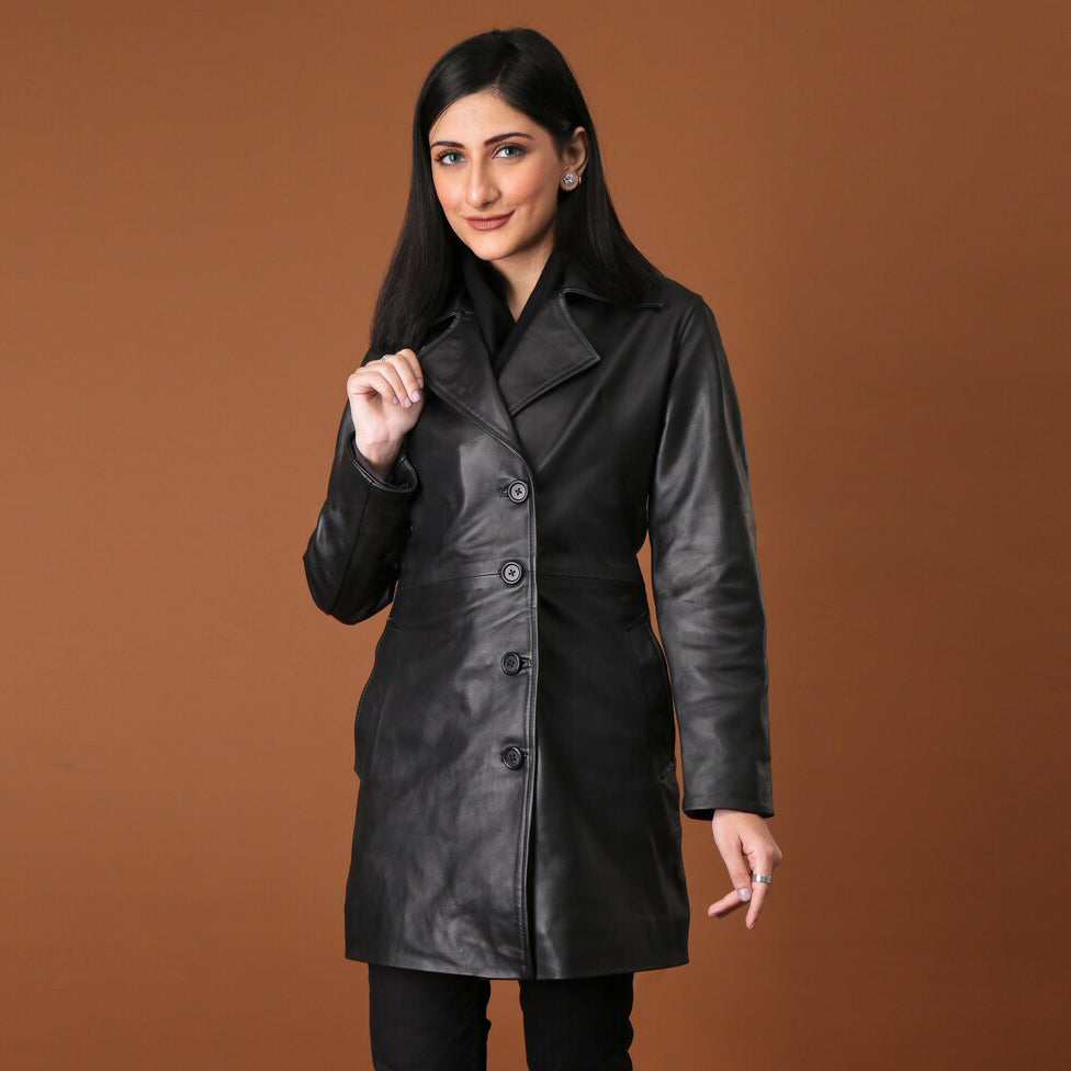 Elegant Handmade Black Leather Trench Coat for Women