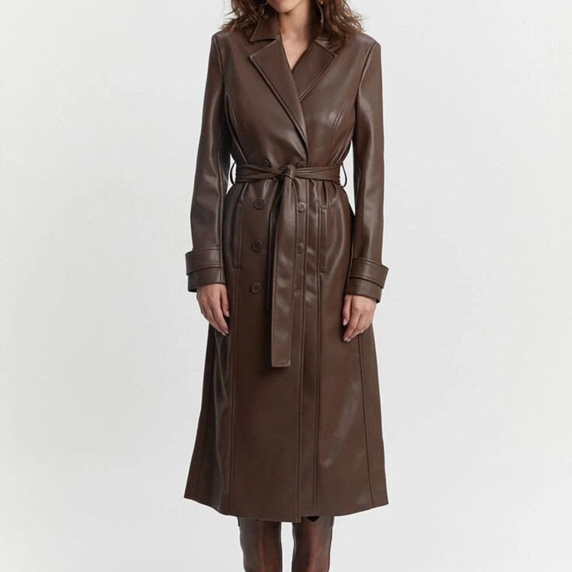 Handmade Brown Leather Trench Coat with belt