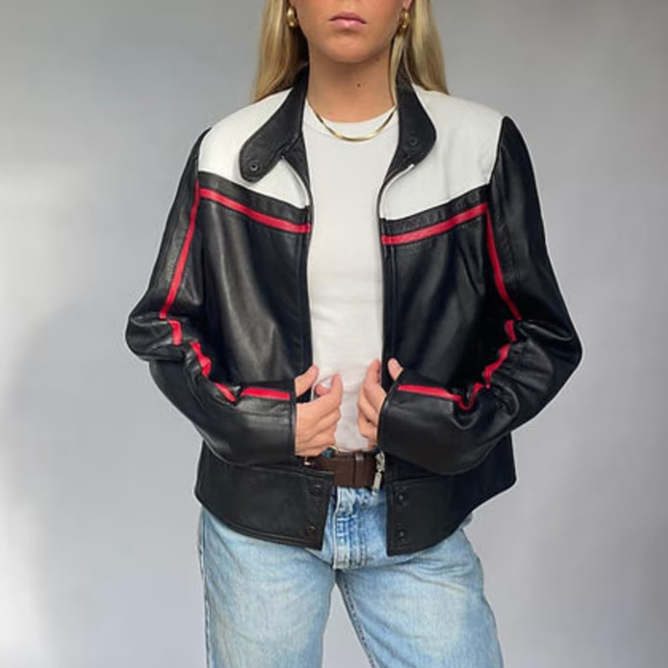 Effortless Chic Oversized Women Leather sheepskin Jacket in White and Red detailing- Black