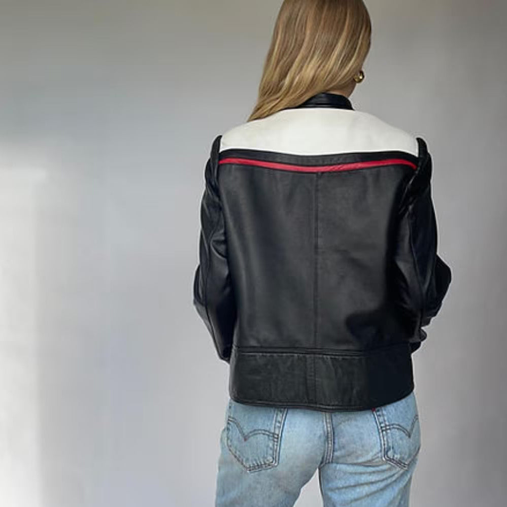 Effortless Chic Oversized Women Leather sheepskin Jacket in White and Red detailing- Black
