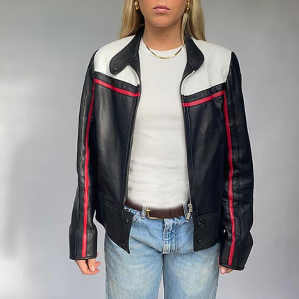 Effortless Chic Oversized Women Leather sheepskin Jacket in White and Red detailing- Black