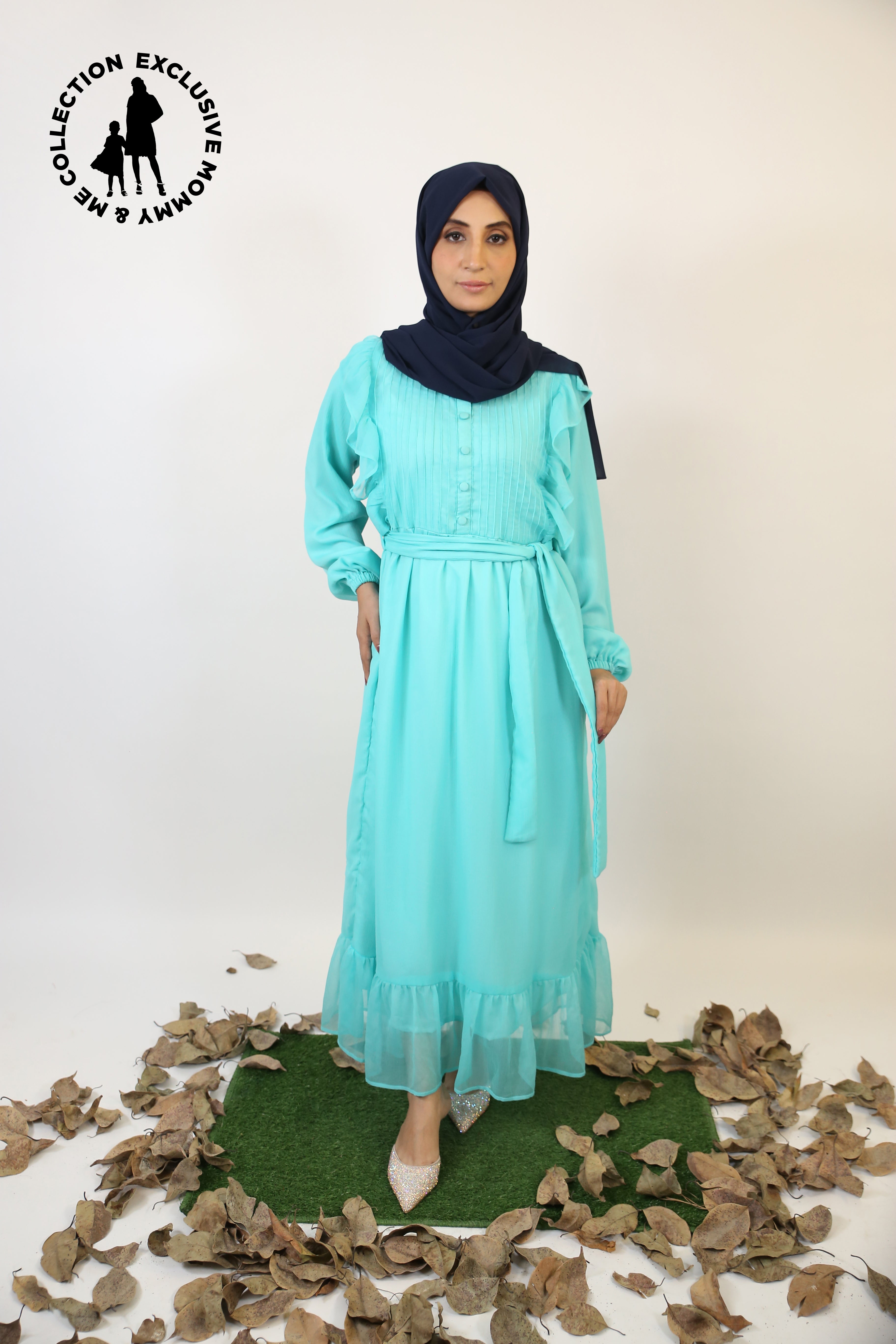 Mommy & Me ✨ Baariz- Striking Chiffon lined maxi dress with piping and ruffle detailing front with belt- Aquamarine Blue