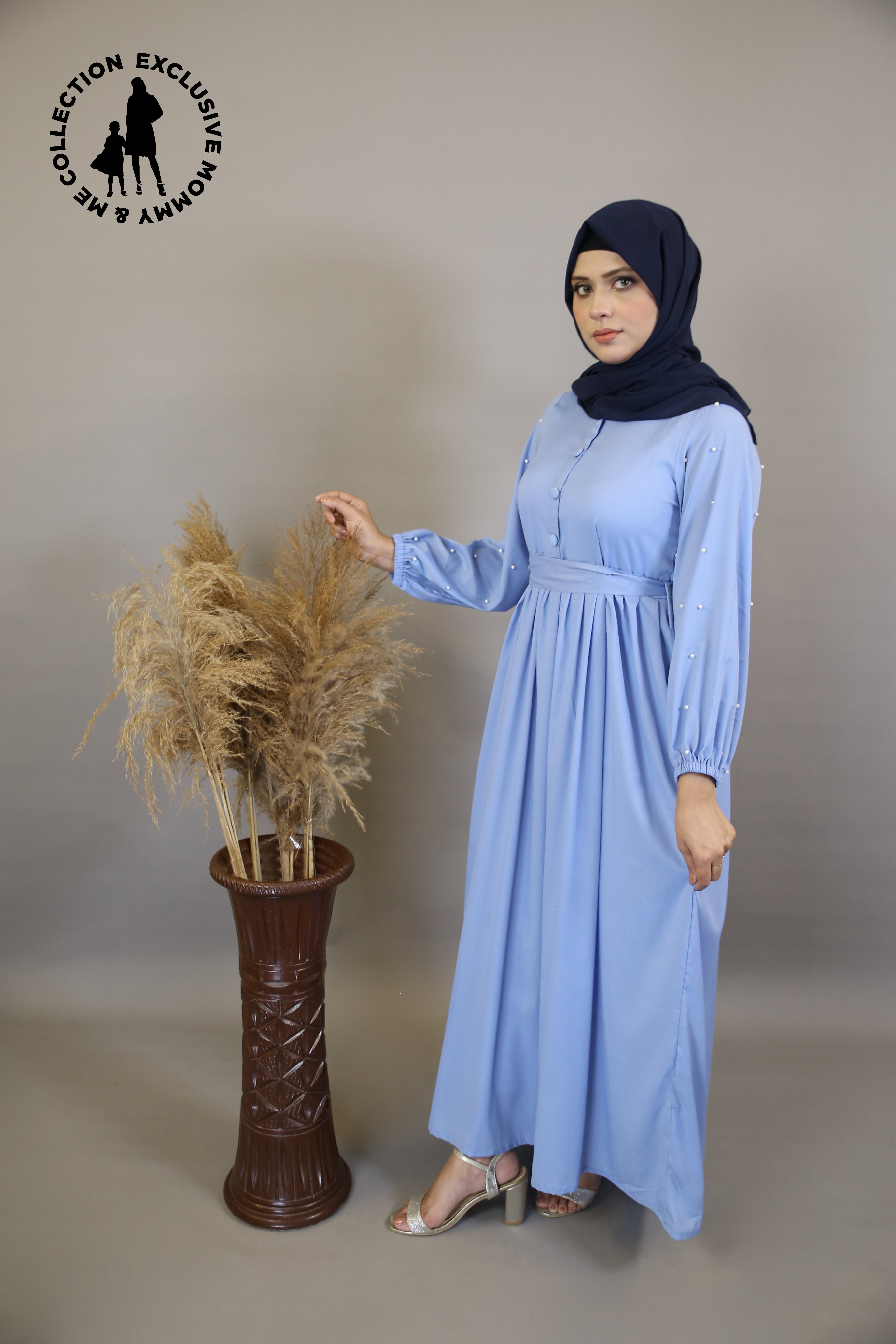 Mommy & Me ✨ Mureeh- Stunning wrinkle free maxi dress with faux pearl on sleeves and back tie belt- Azure Blue