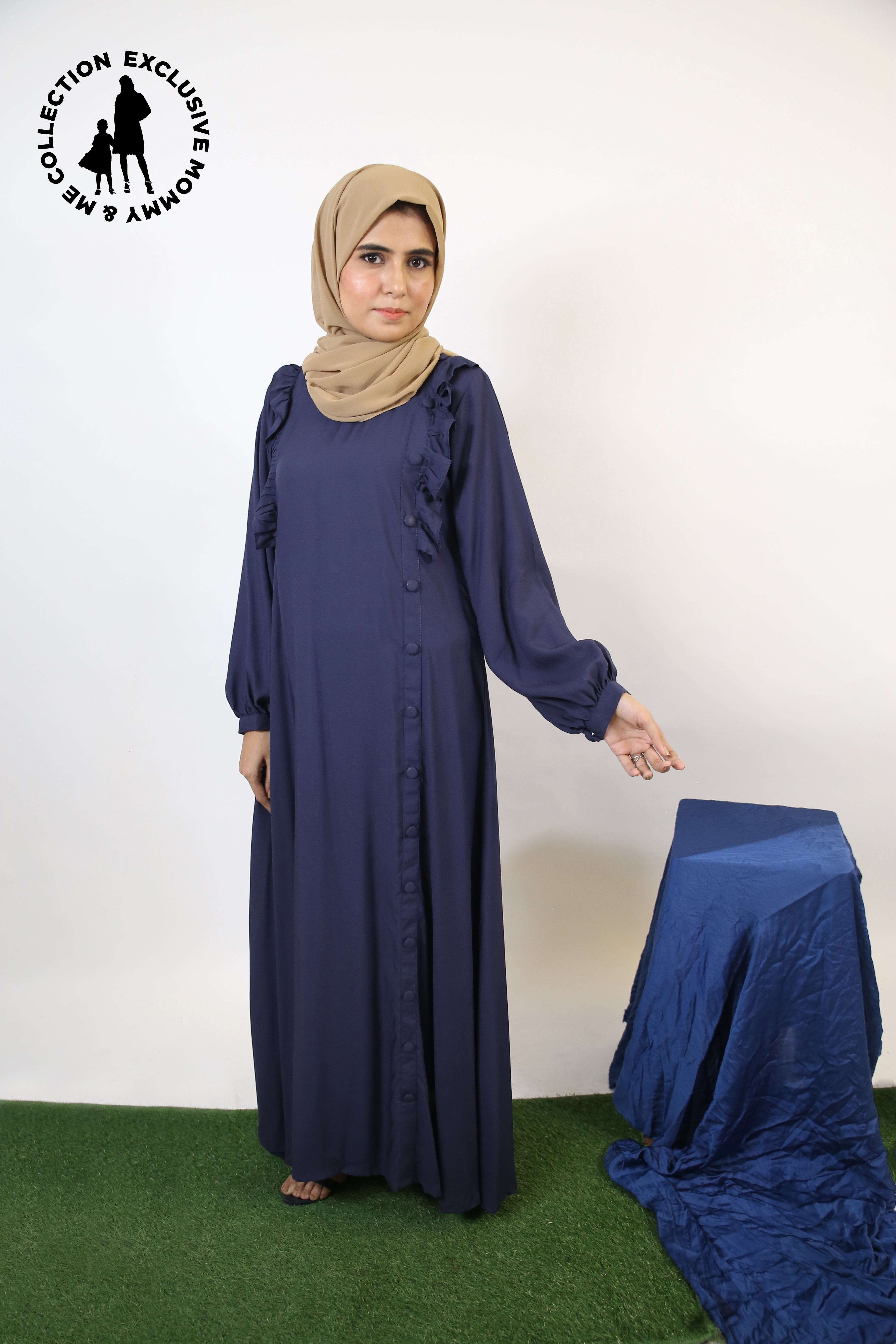 Mommy & Me ✨ Aqiq-  Stylish Linen modest Maxi dress with ruffles and buttoned down detailing- Midnight Blue