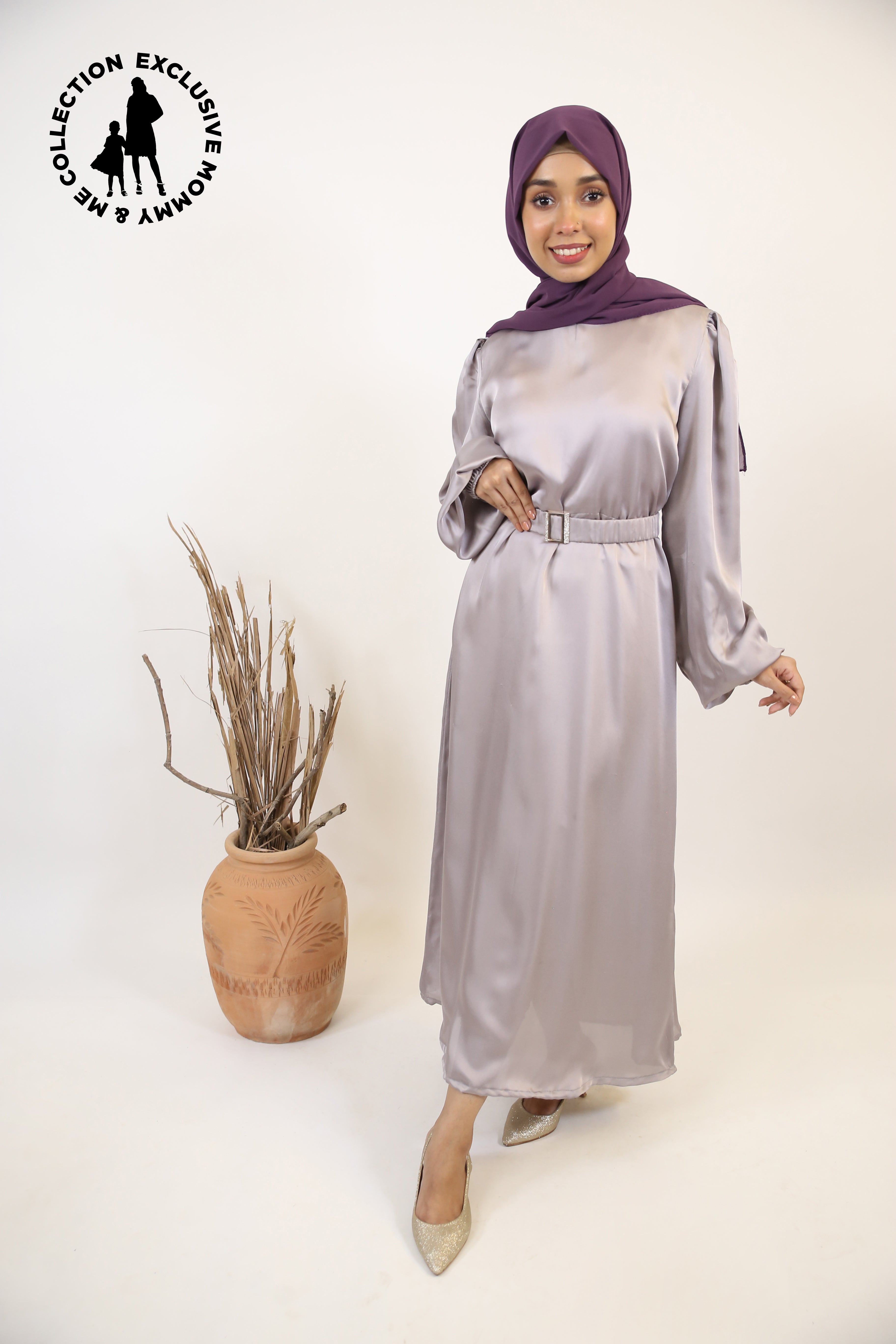 Mommy & Me ✨ Sakeena- Enchanting Satin non sheer maxi dress with belt embellishment and bishop sleeves- Silver Gray