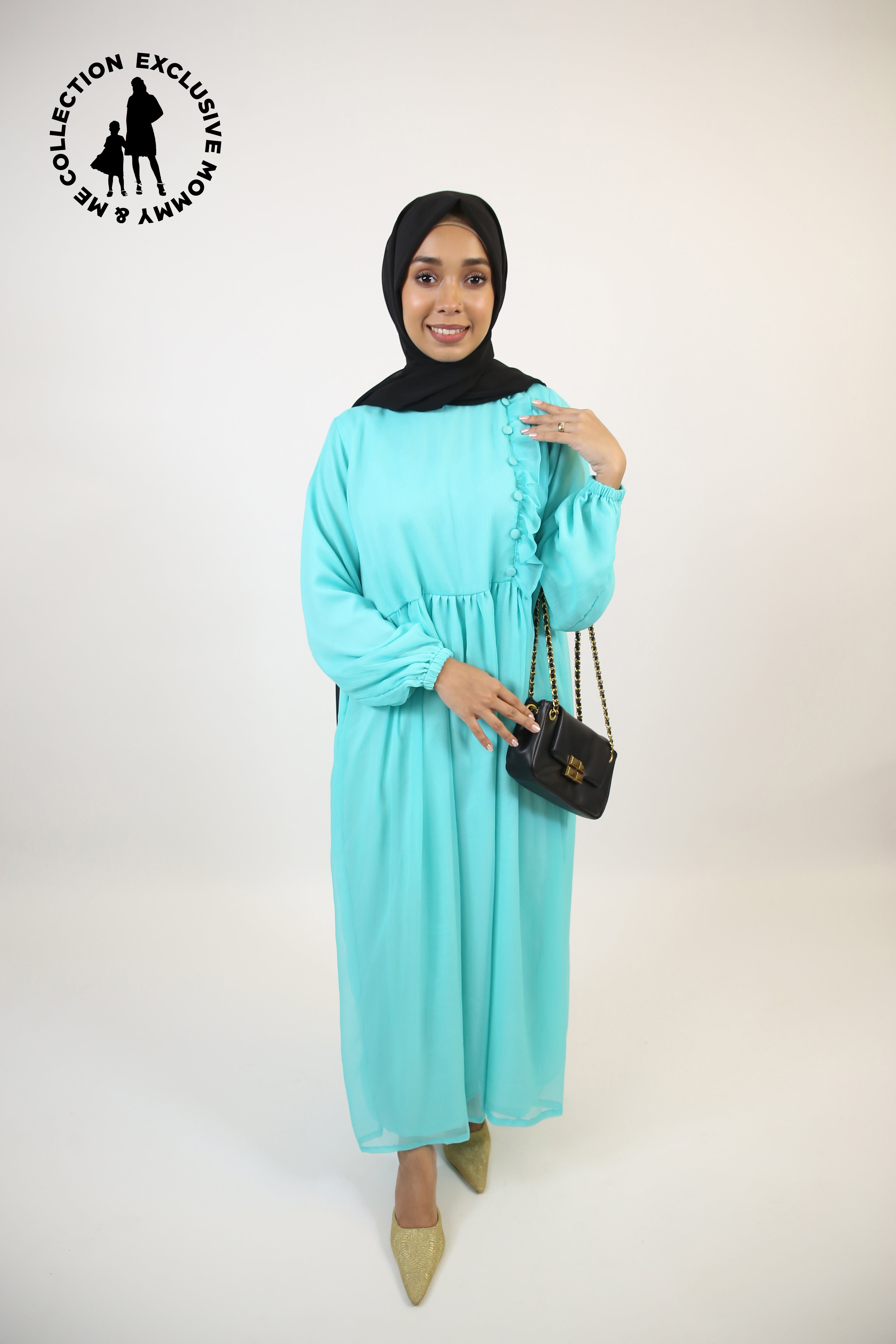 Mommy & Me ✨ Feerozi- Alluring Chiffon fully lined maxi dress with ruffled front detailings- Turquoise blue