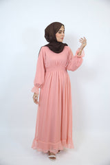 Wardiya-Fascinating chiffon lined maxi dress with pleated waist and ruffled sleeves- Rose Pink