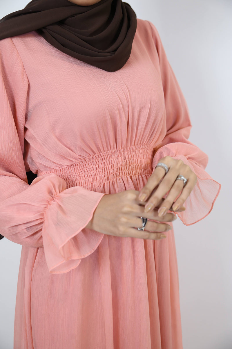 Wardiya-Fascinating chiffon lined maxi dress with pleated waist and ruffled sleeves- Rose Pink