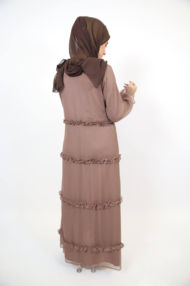 Qirfa-  Attractive Chiffon lined ruffles detail maxi dress with puffed sleeves- Pastel Brown